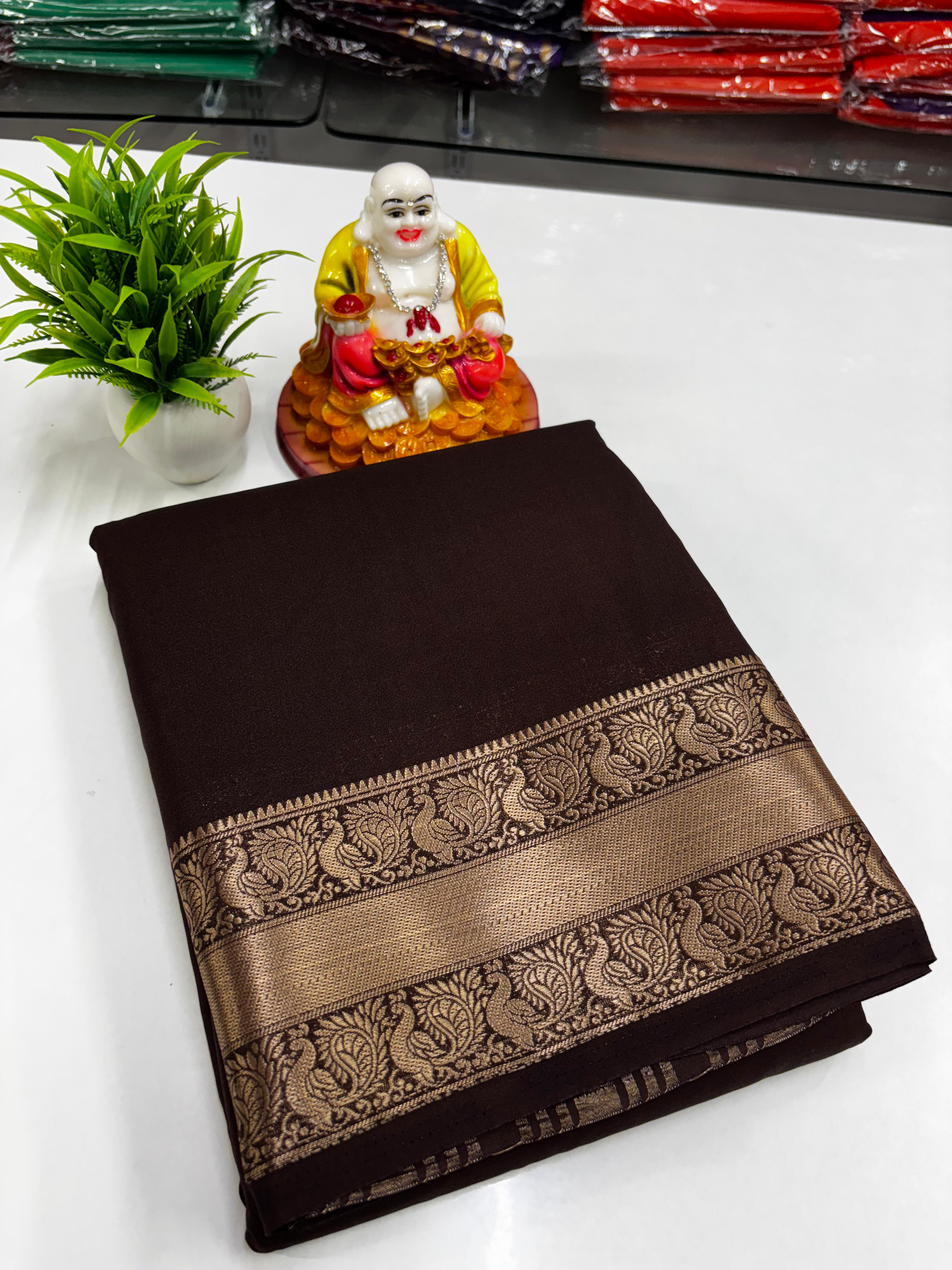 Mysore Crepe Silk Saree with Beautiful Peacock Border