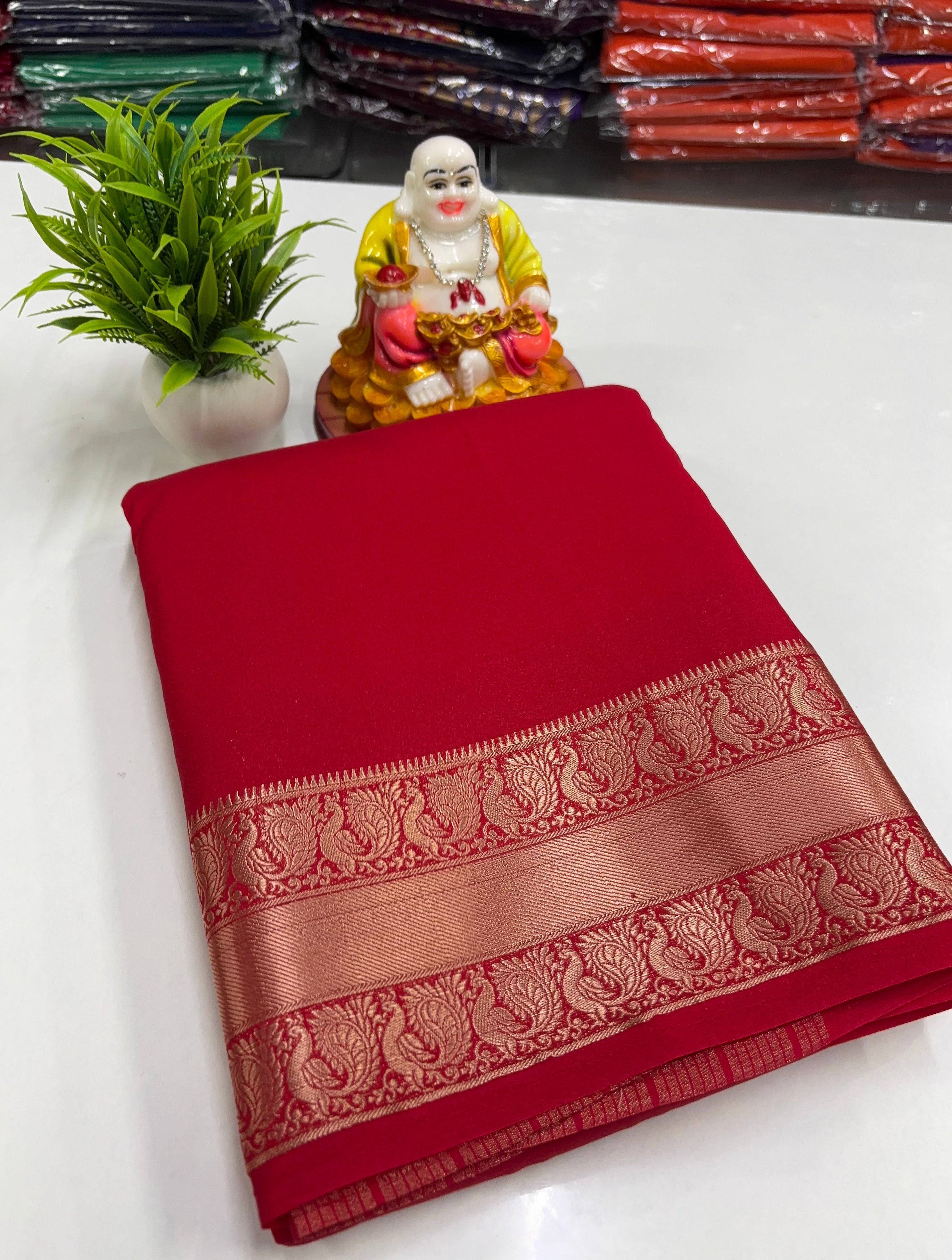 Mysore Crepe Silk Saree with Beautiful Peacock Border