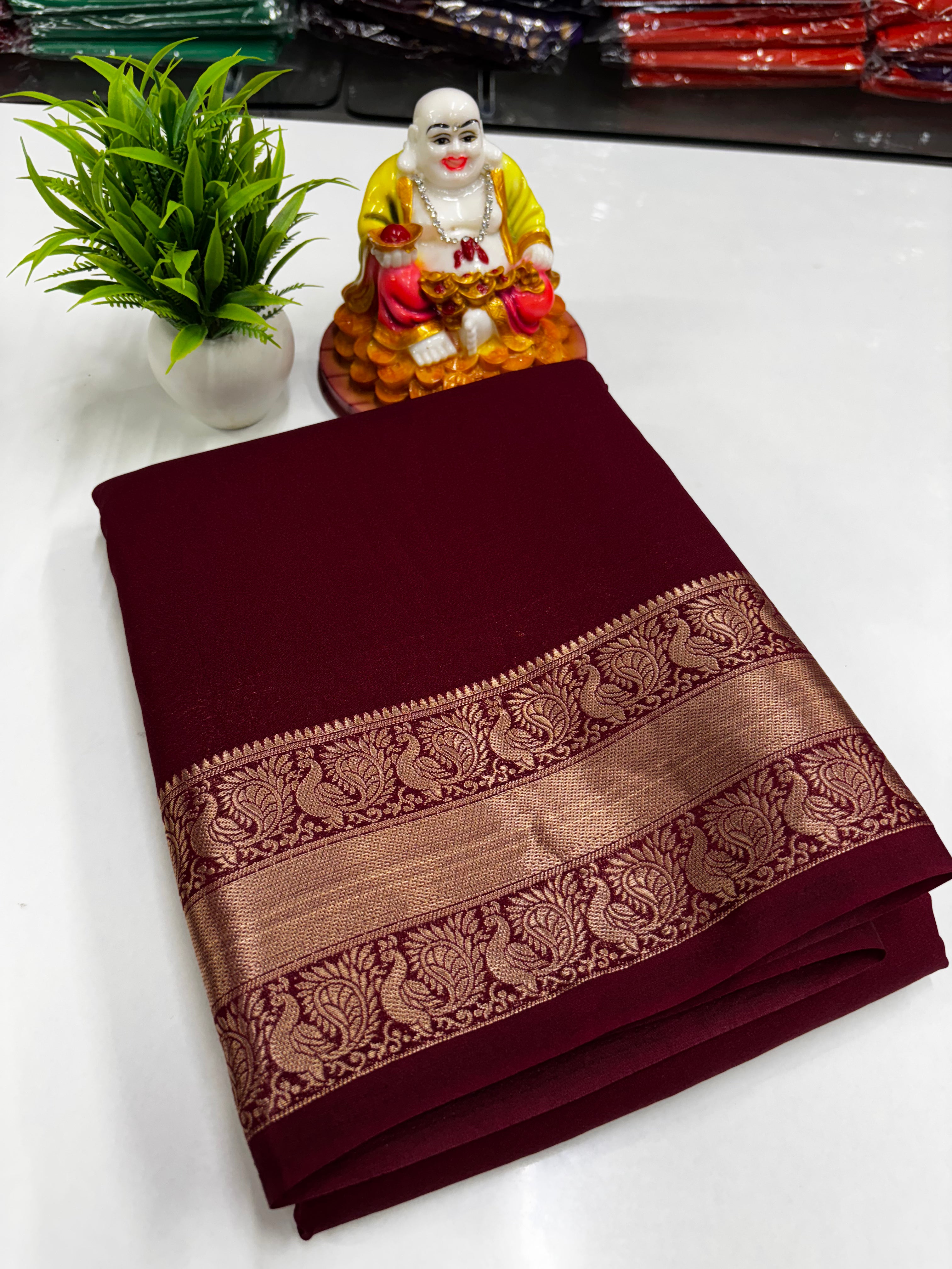 Mysore Crepe Silk Saree with Beautiful Peacock Border