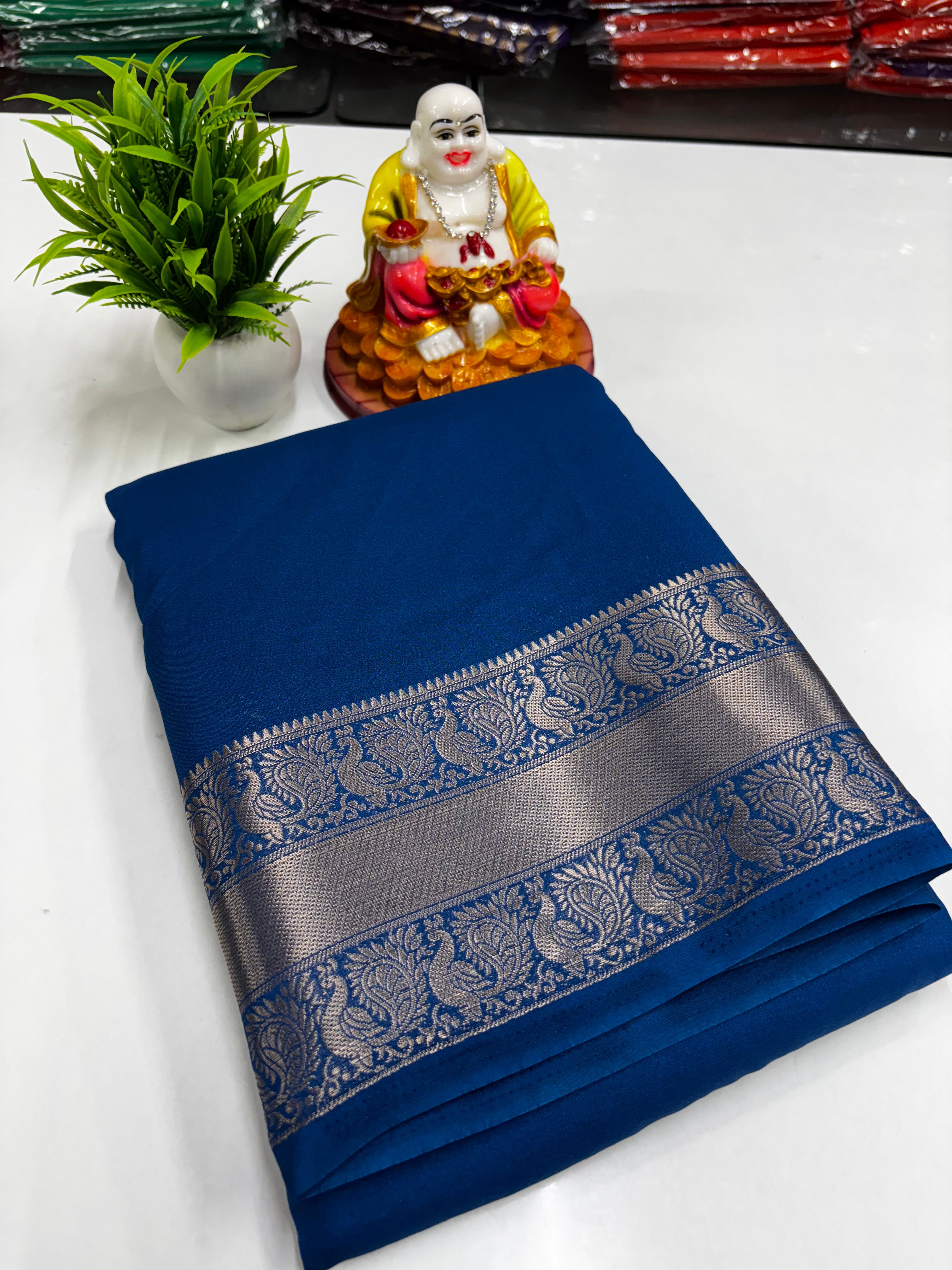 Mysore Crepe Silk Saree with Beautiful Peacock Border