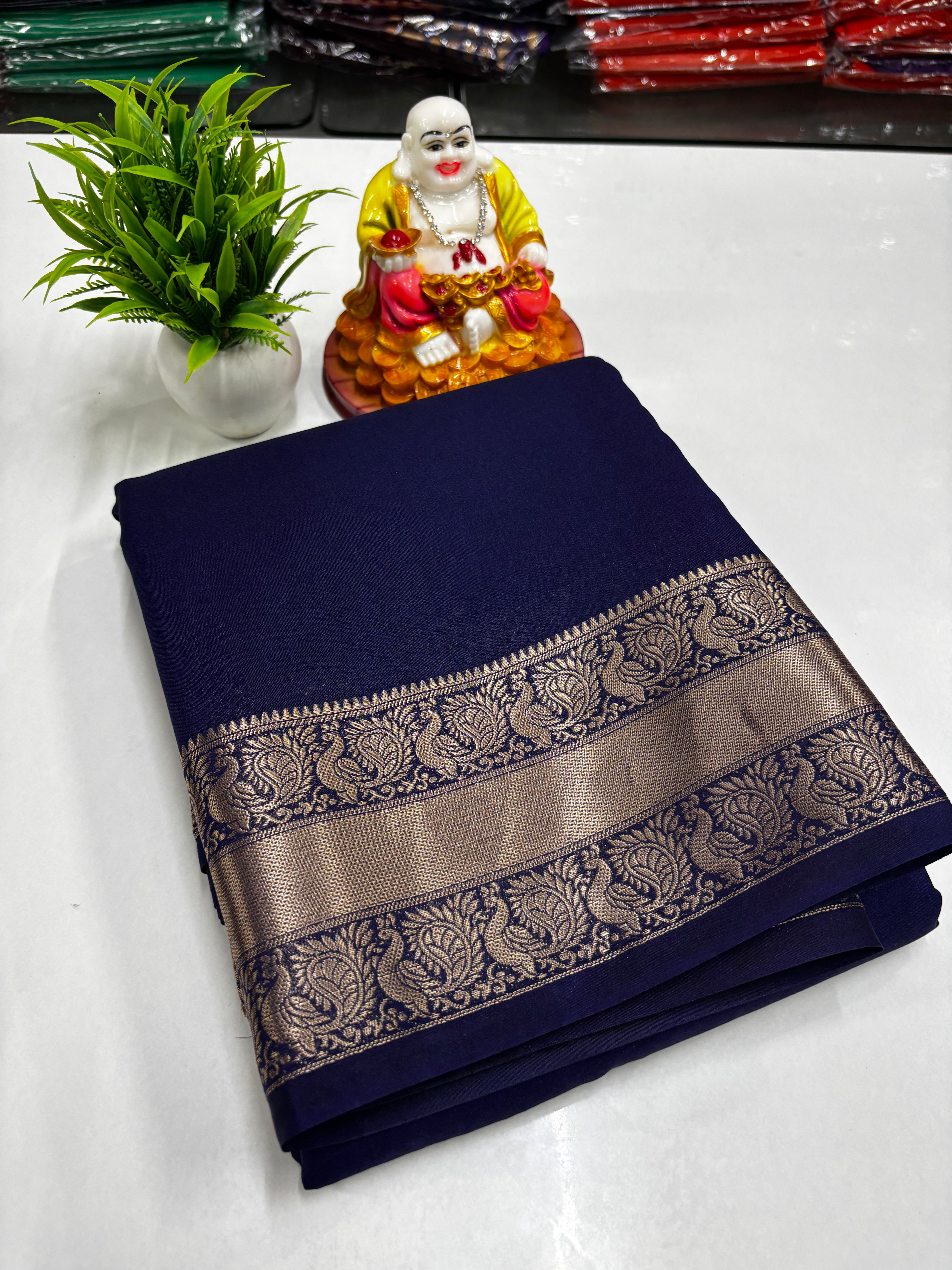 Mysore Crepe Silk Saree with Beautiful Peacock Border
