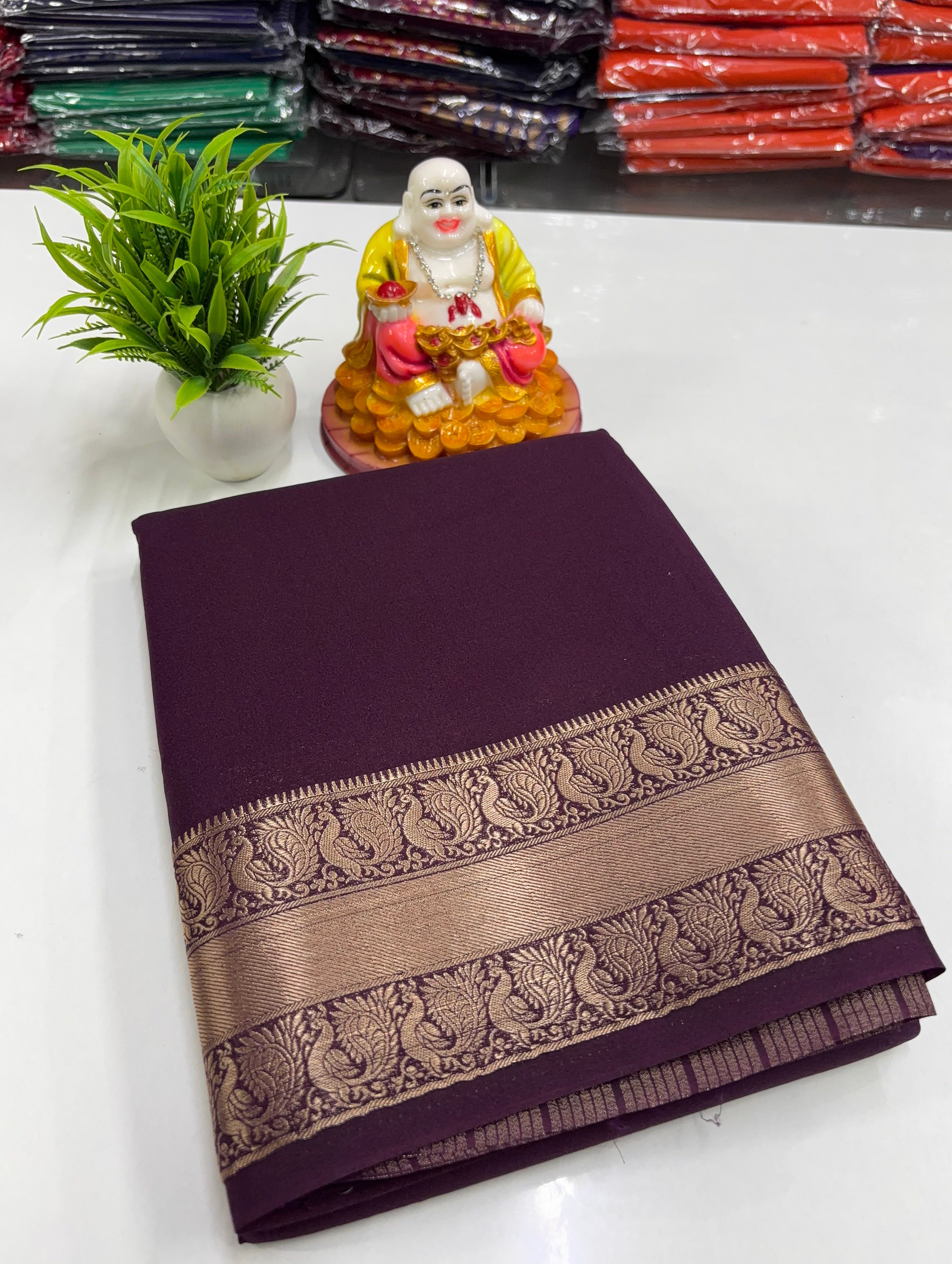 Mysore Crepe Silk Saree with Beautiful Peacock Border