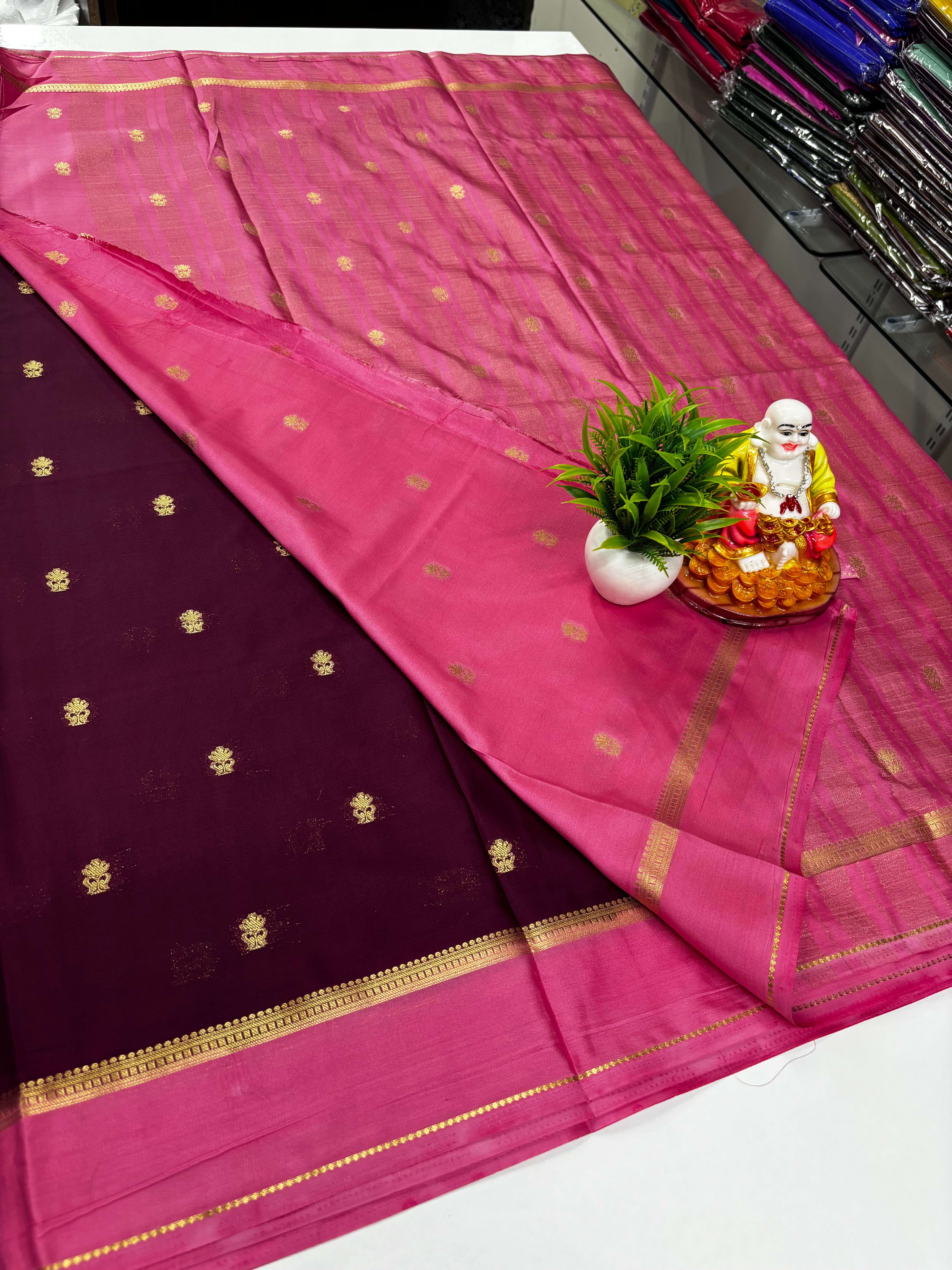 Premium Mysore Crepe Silk Saree with Buttas – Elegant Contrast Shades