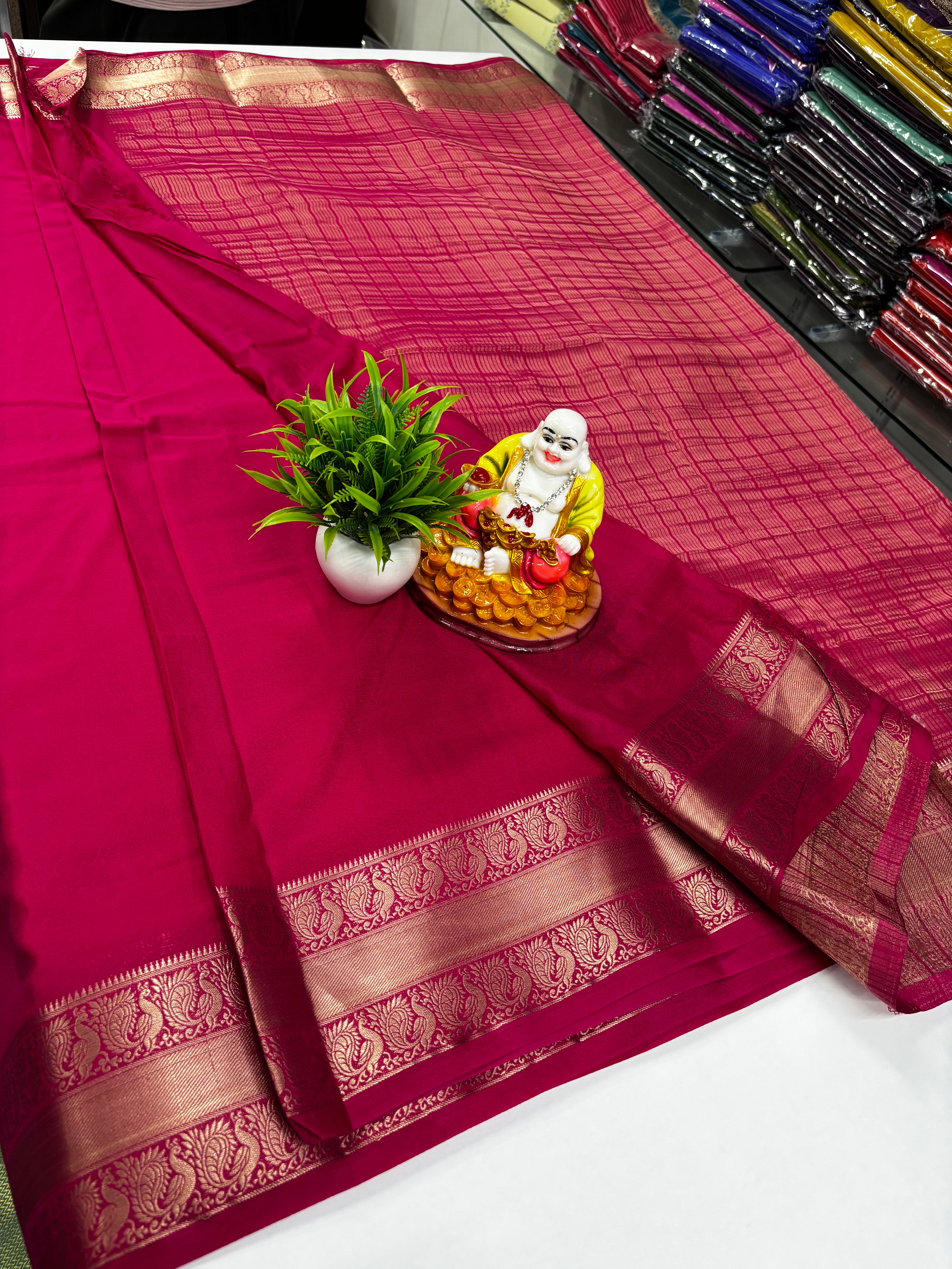 Mysore Crepe Silk Saree with Beautiful Peacock Border
