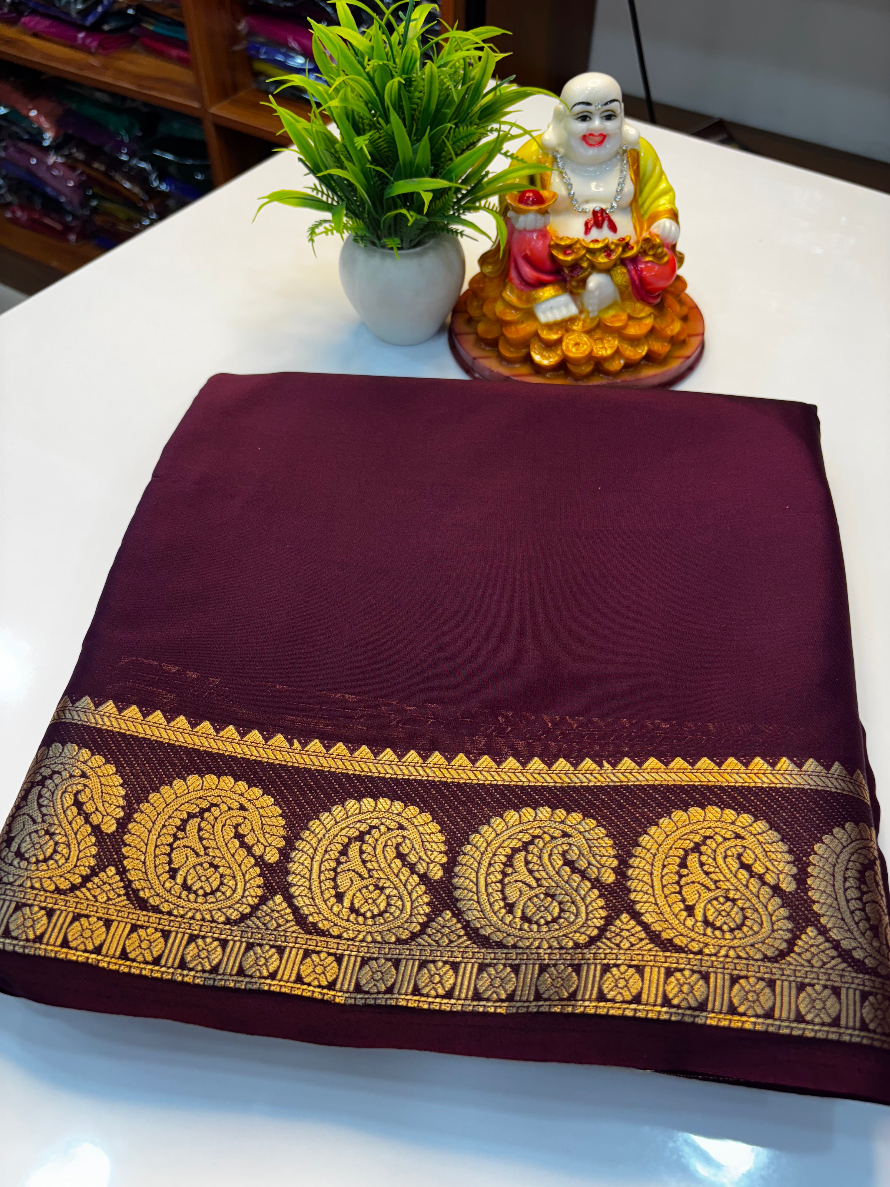 Premium Mysore Crepe Silk Saree with Beautiful Mango Border