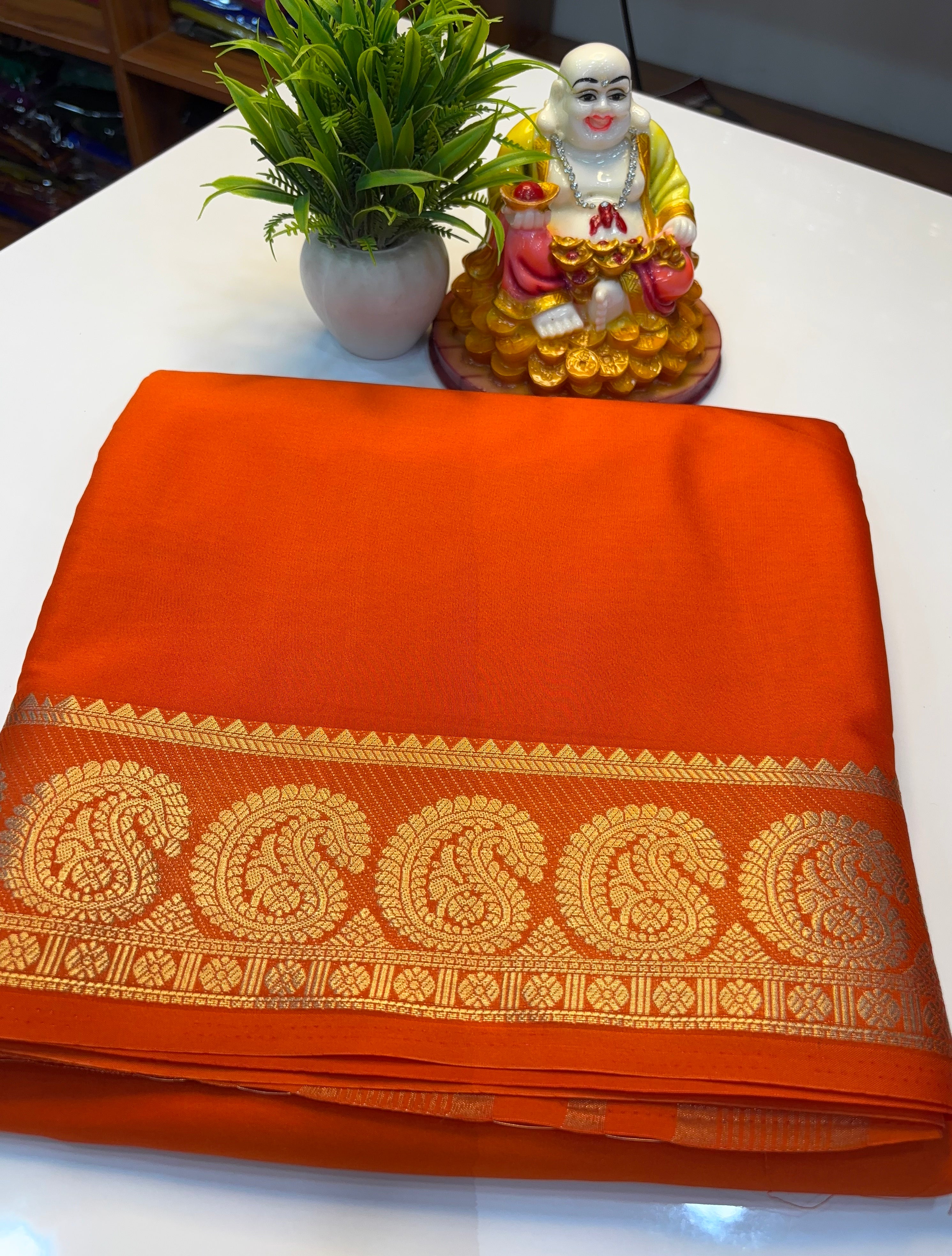 Premium Mysore Crepe Silk Saree with Beautiful Mango Border