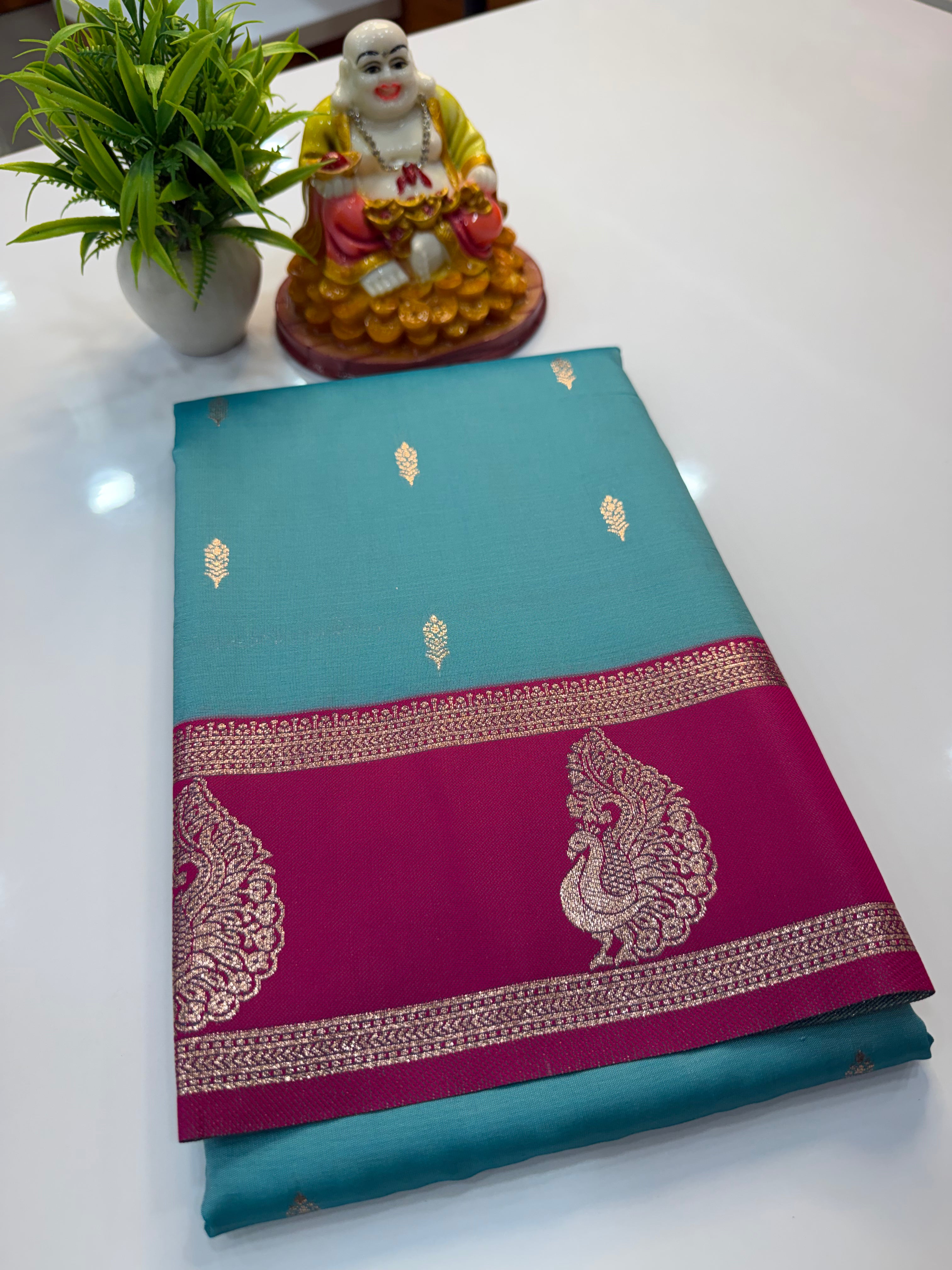 Semi Silk Saree with Buttas & Peacock Border | Padmavathi Silks and Sarees