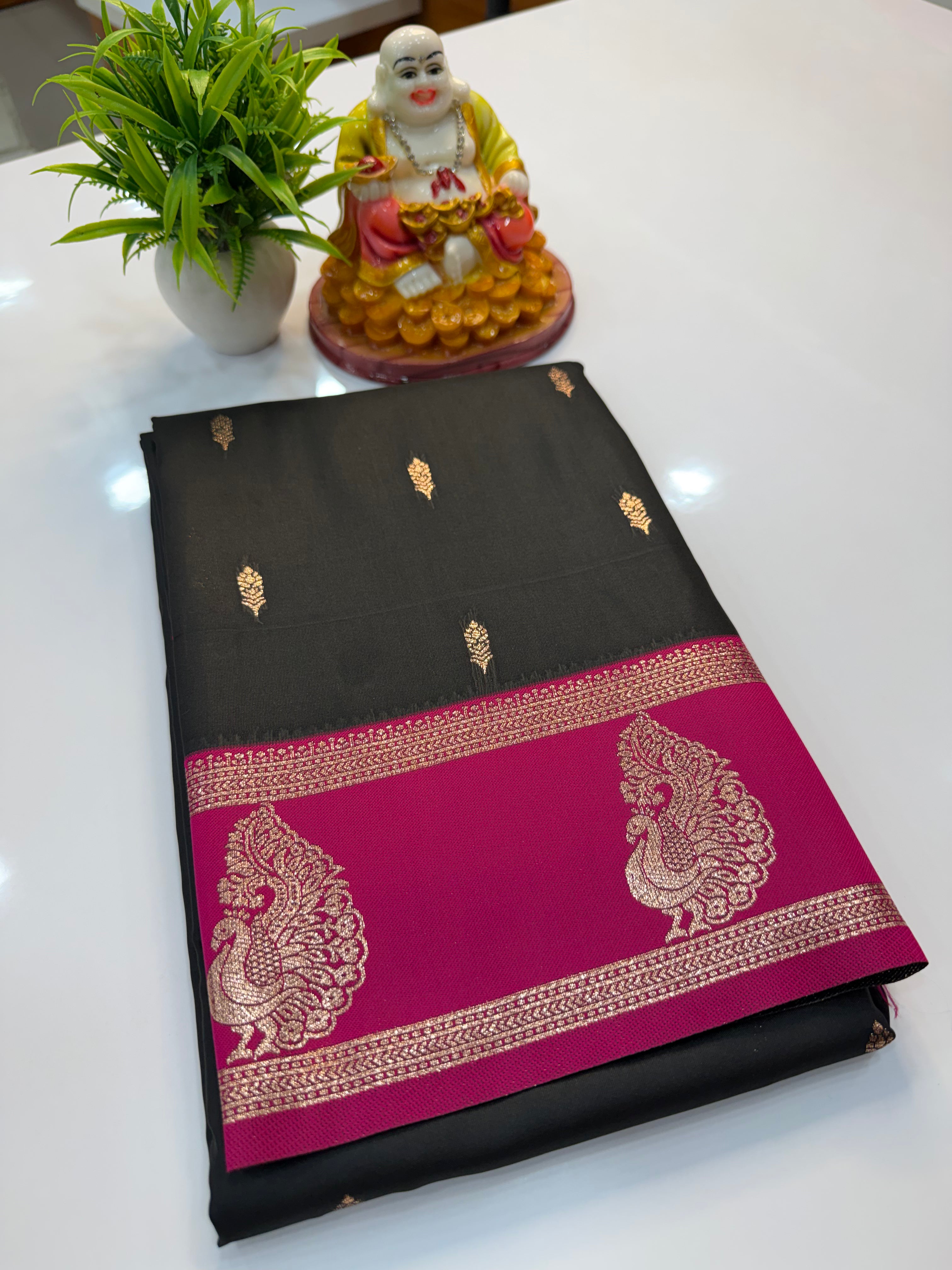Semi Silk Saree with Buttas & Peacock Border | Padmavathi Silks and Sarees