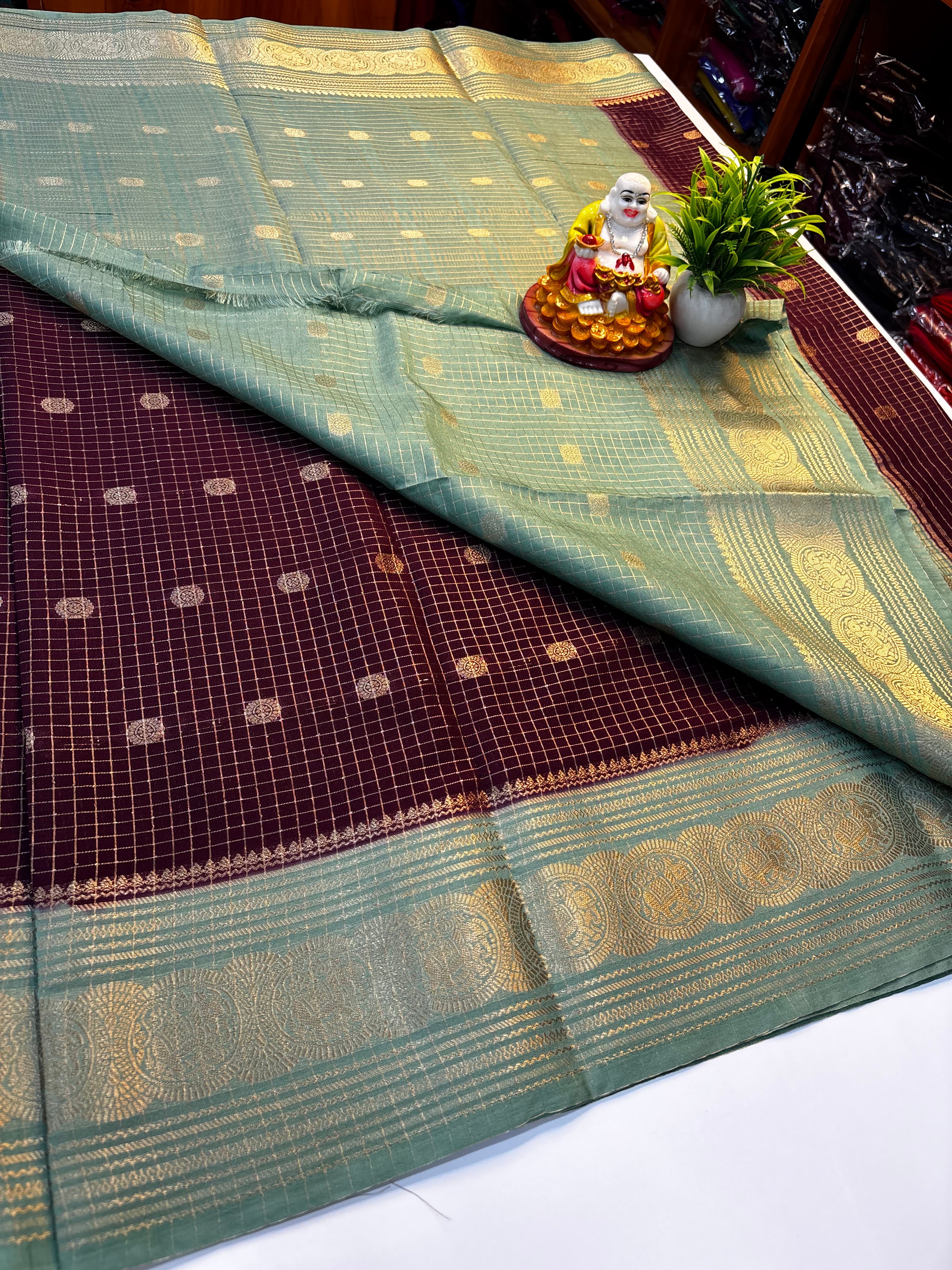 Premium Mysore Crepe Silk Saree with Elegant Checks & Buttas