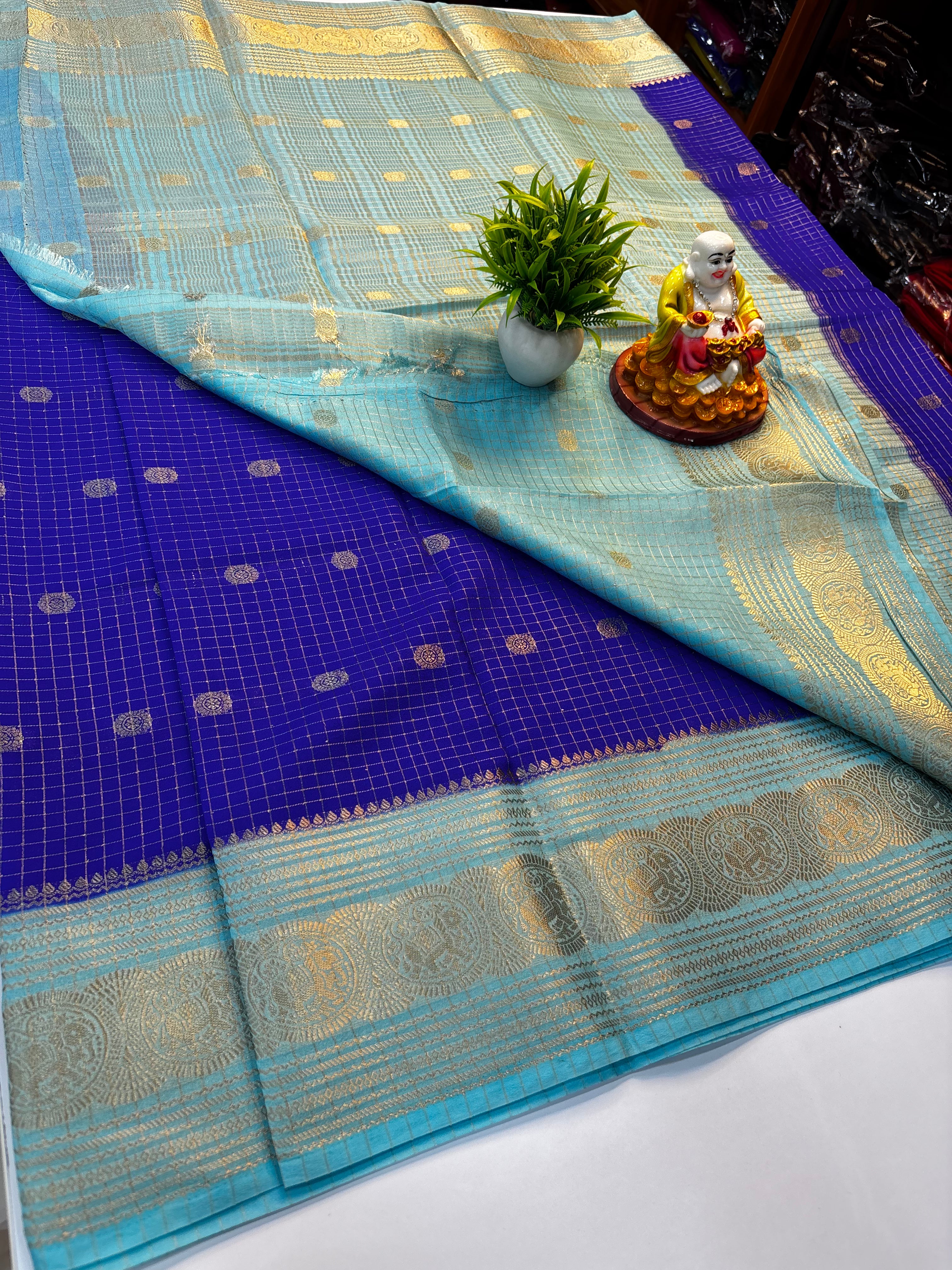 Premium Mysore Crepe Silk Saree with Elegant Checks & Buttas