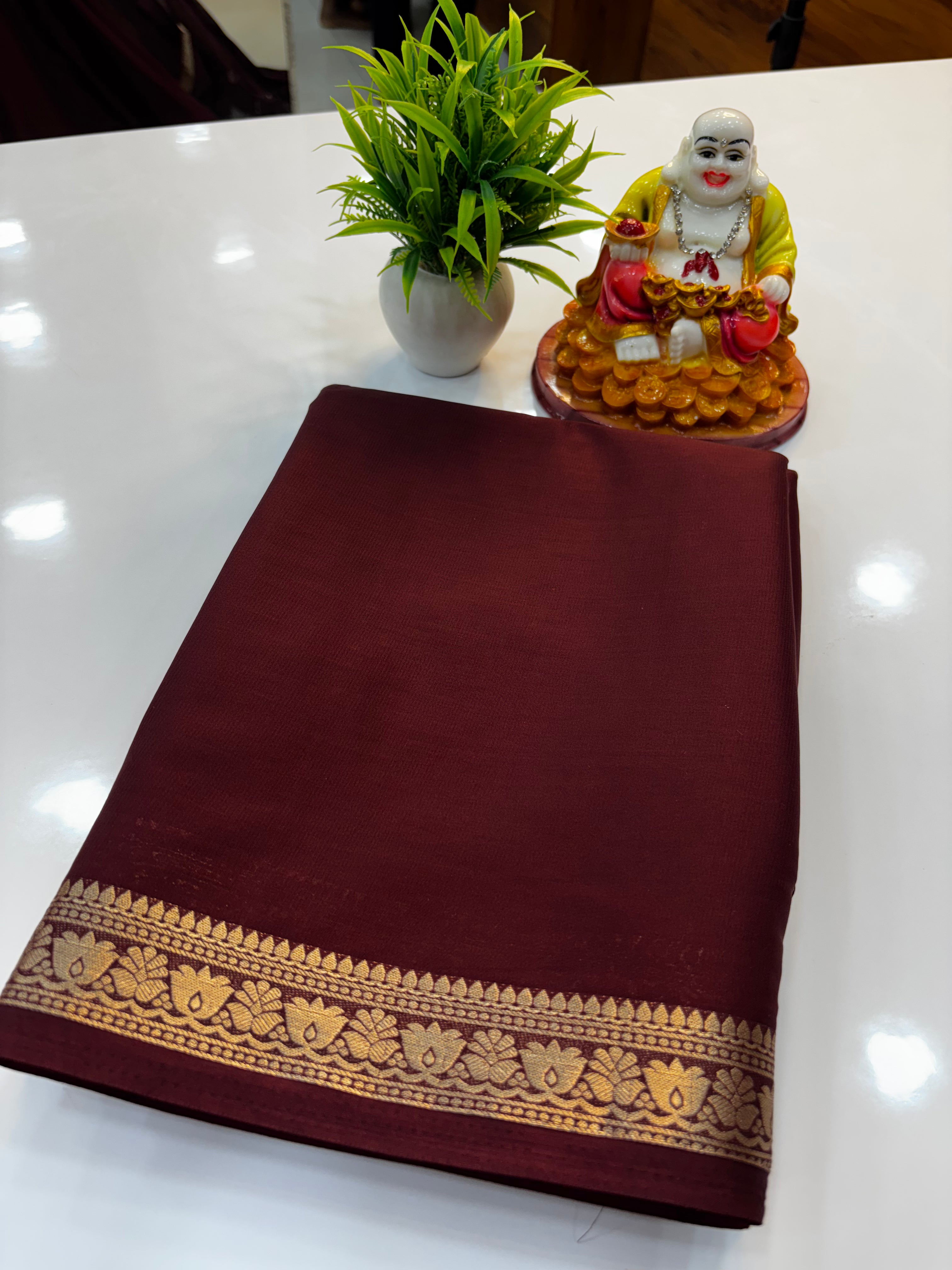 Mysore Crepe Silk Saree with Small Lotus Border – Padmavathi Silks and Sarees