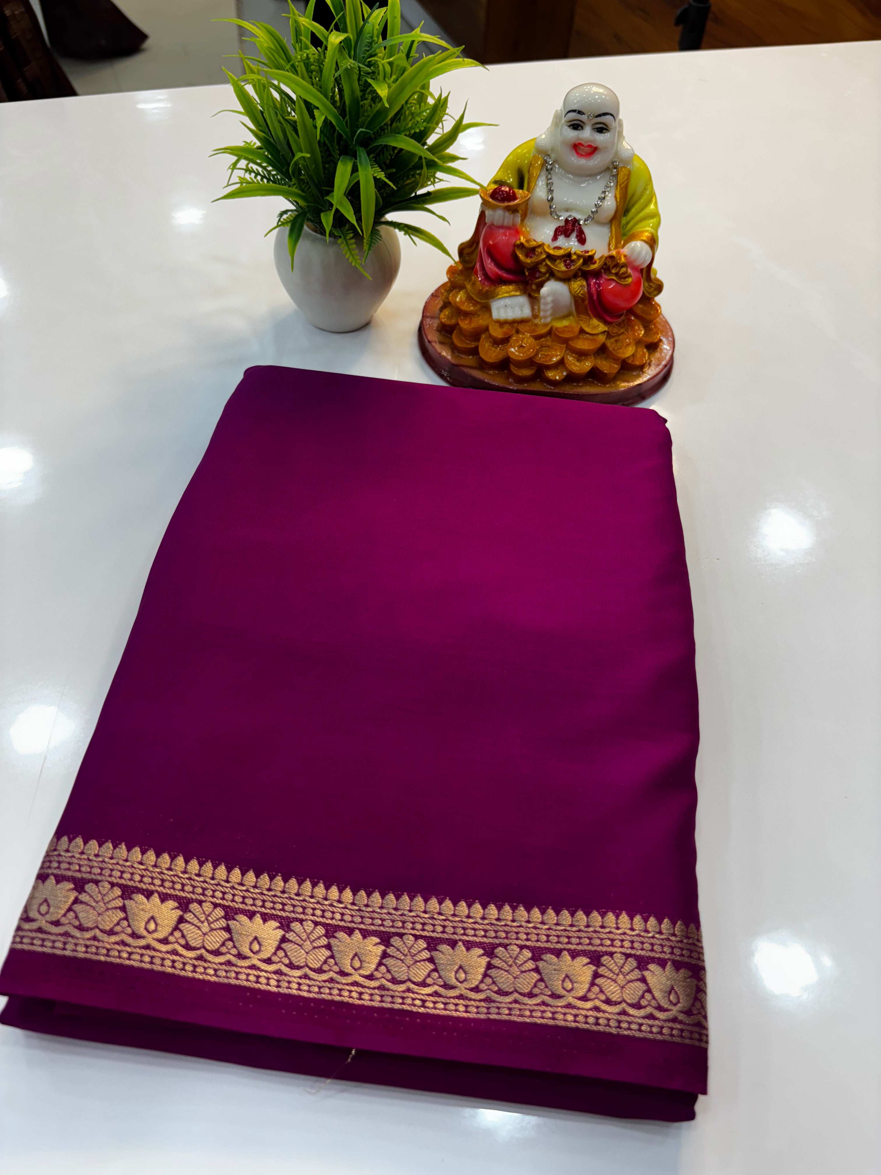 Mysore Crepe Silk Saree with Small Lotus Border – Padmavathi Silks and Sarees