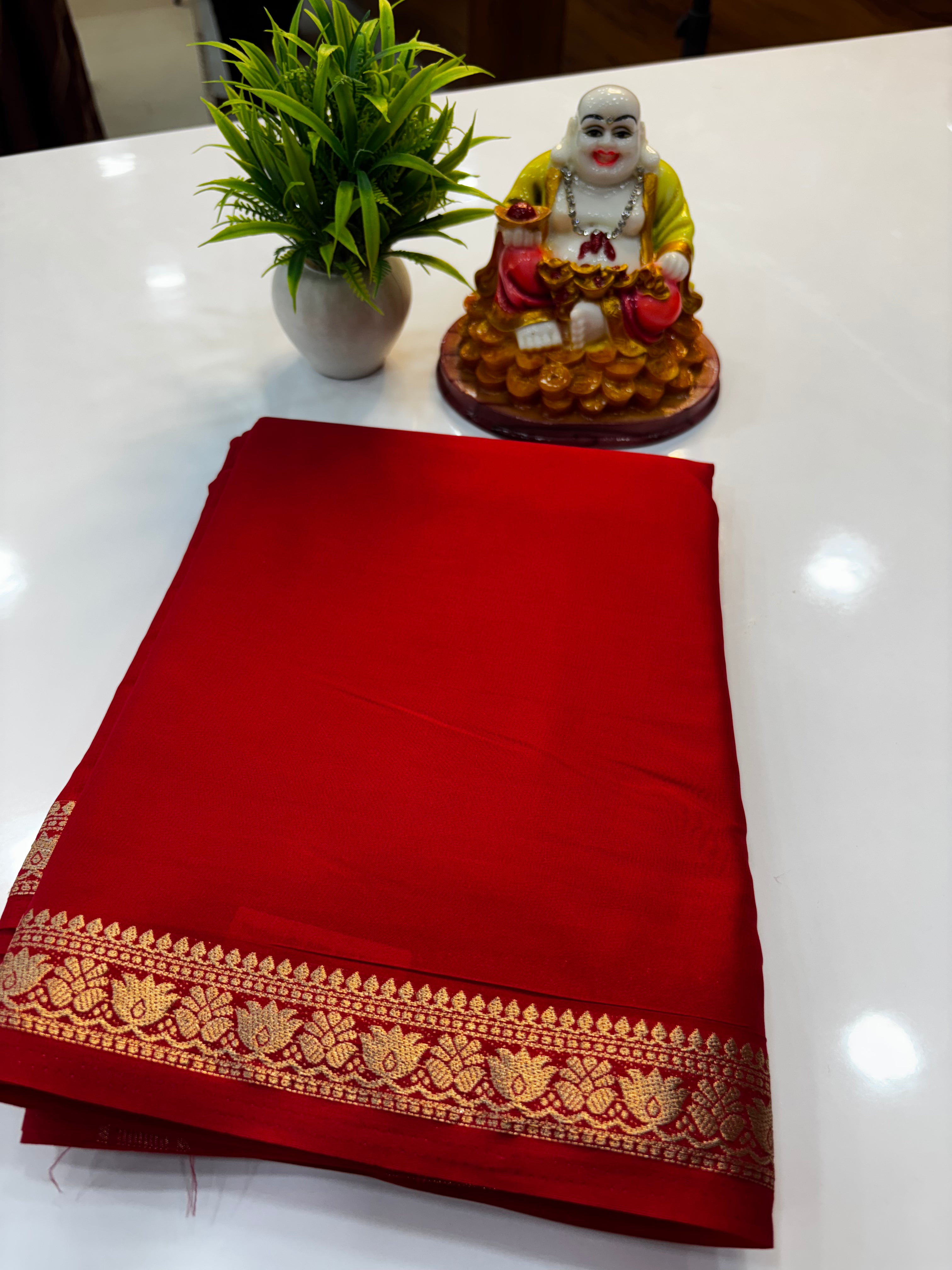 Mysore Crepe Silk Saree with Small Lotus Border – Padmavathi Silks and Sarees