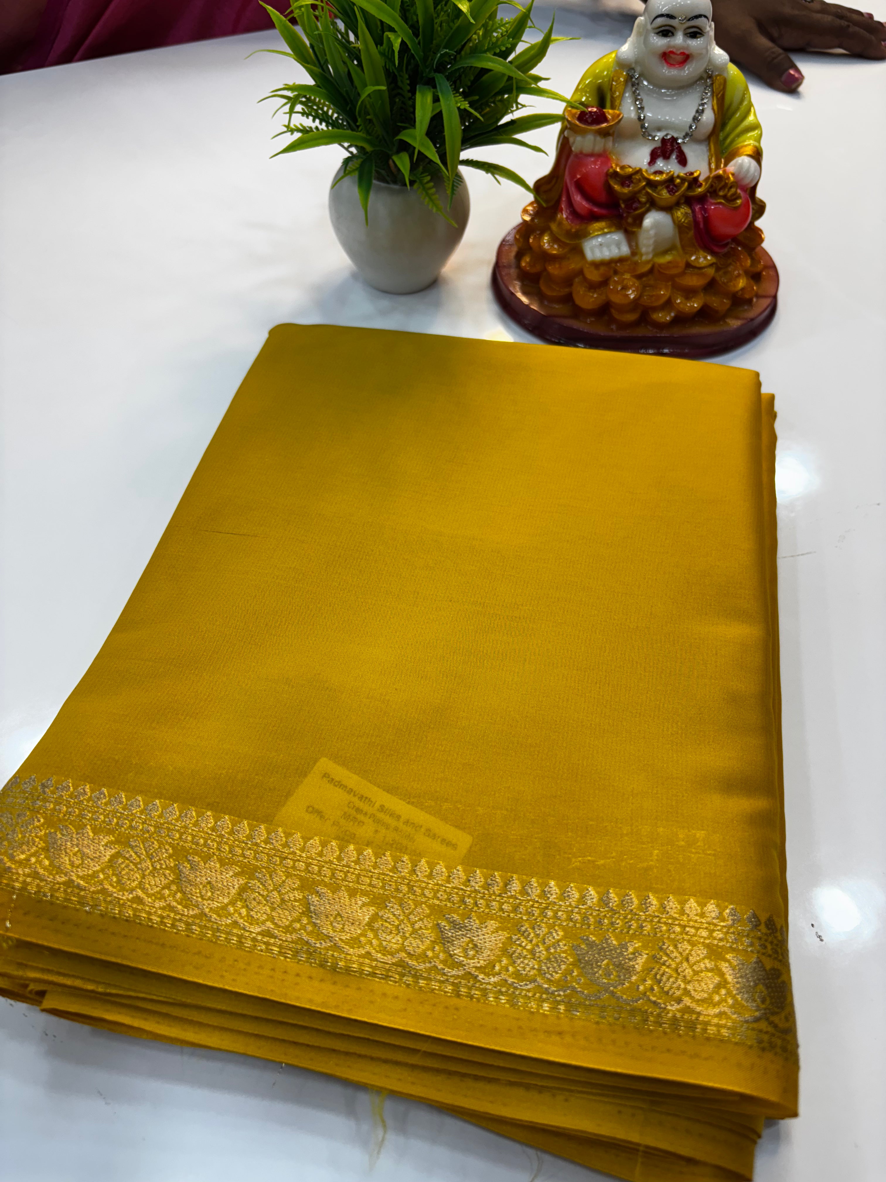 Mysore Crepe Silk Saree with Small Lotus Border – Padmavathi Silks and Sarees