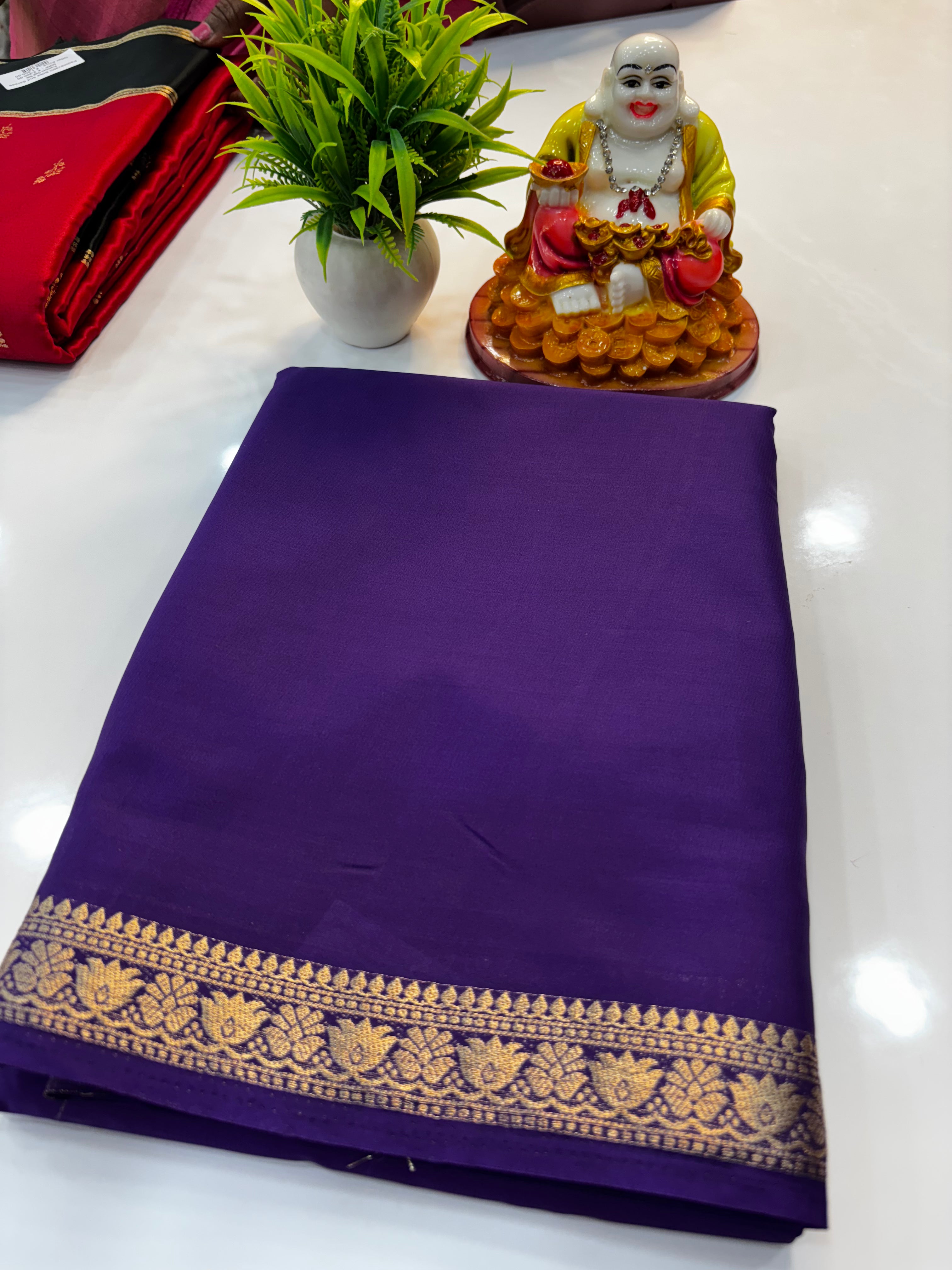 Mysore Crepe Silk Saree with Small Lotus Border – Padmavathi Silks and Sarees