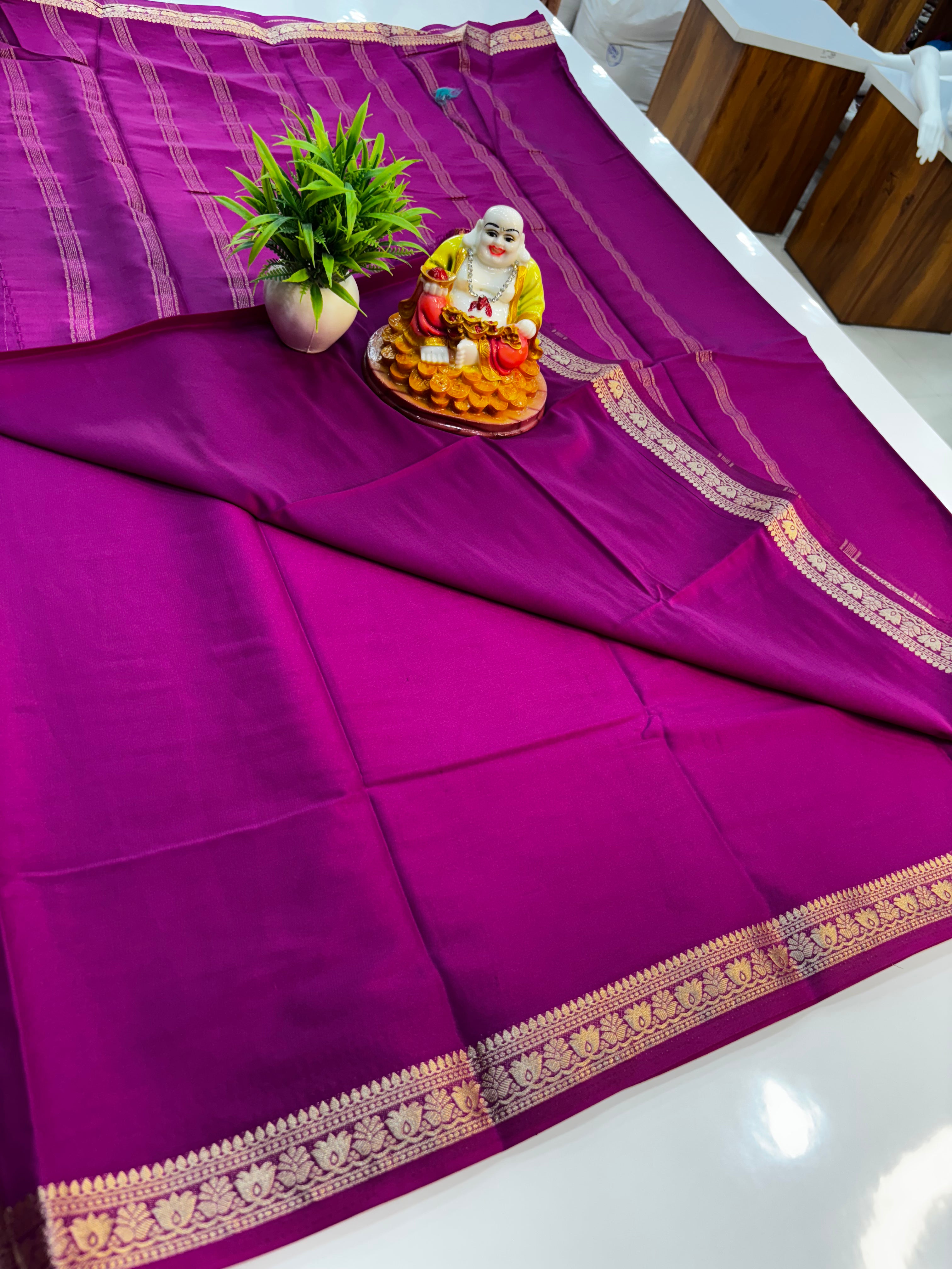 Mysore Crepe Silk Saree with Small Lotus Border – Padmavathi Silks and Sarees