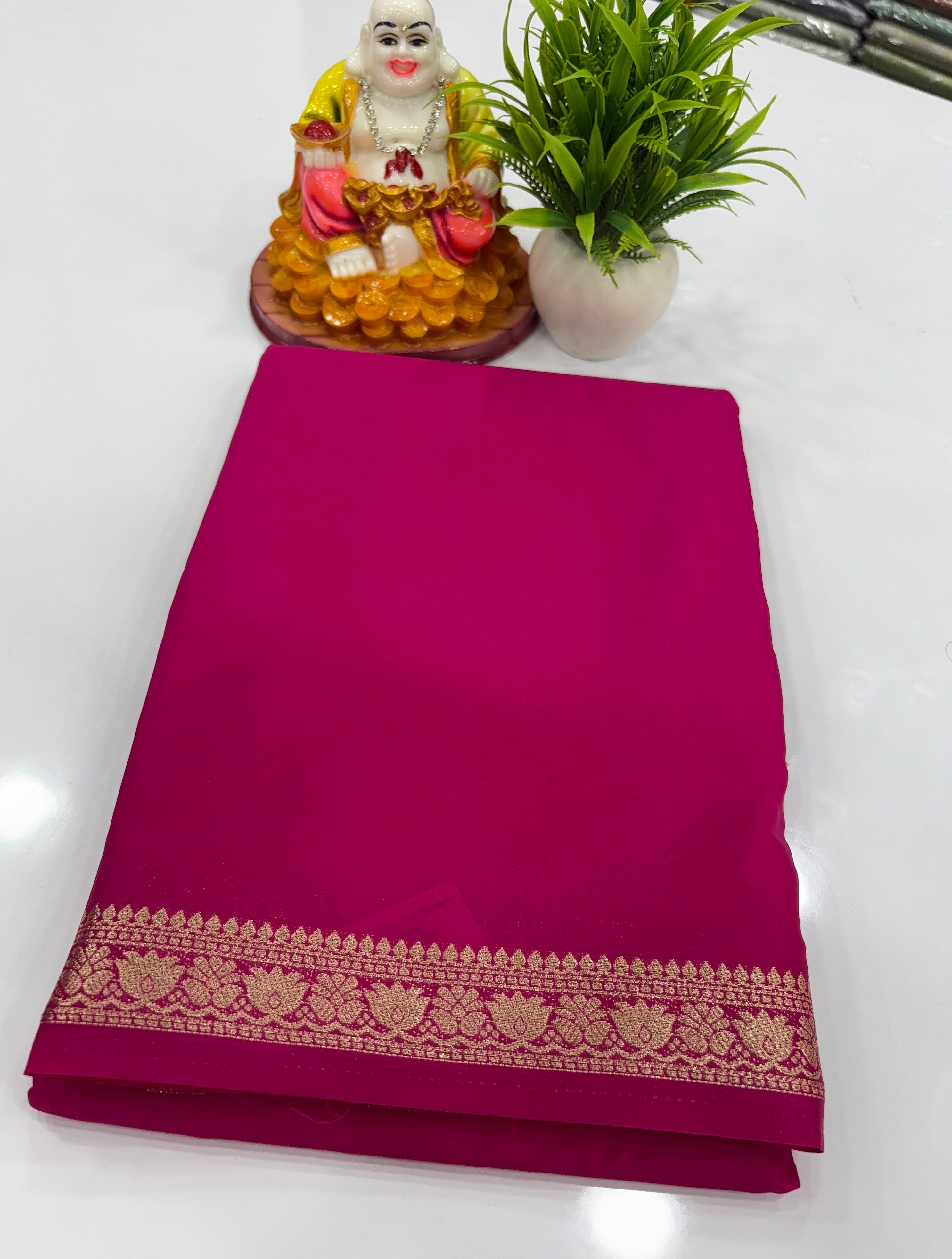 Mysore Crepe Silk Saree with Small Lotus Border – Padmavathi Silks and Sarees