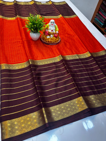 Premium Mysore Crepe Silk Saree with Stripes &amp; Checks Pattern