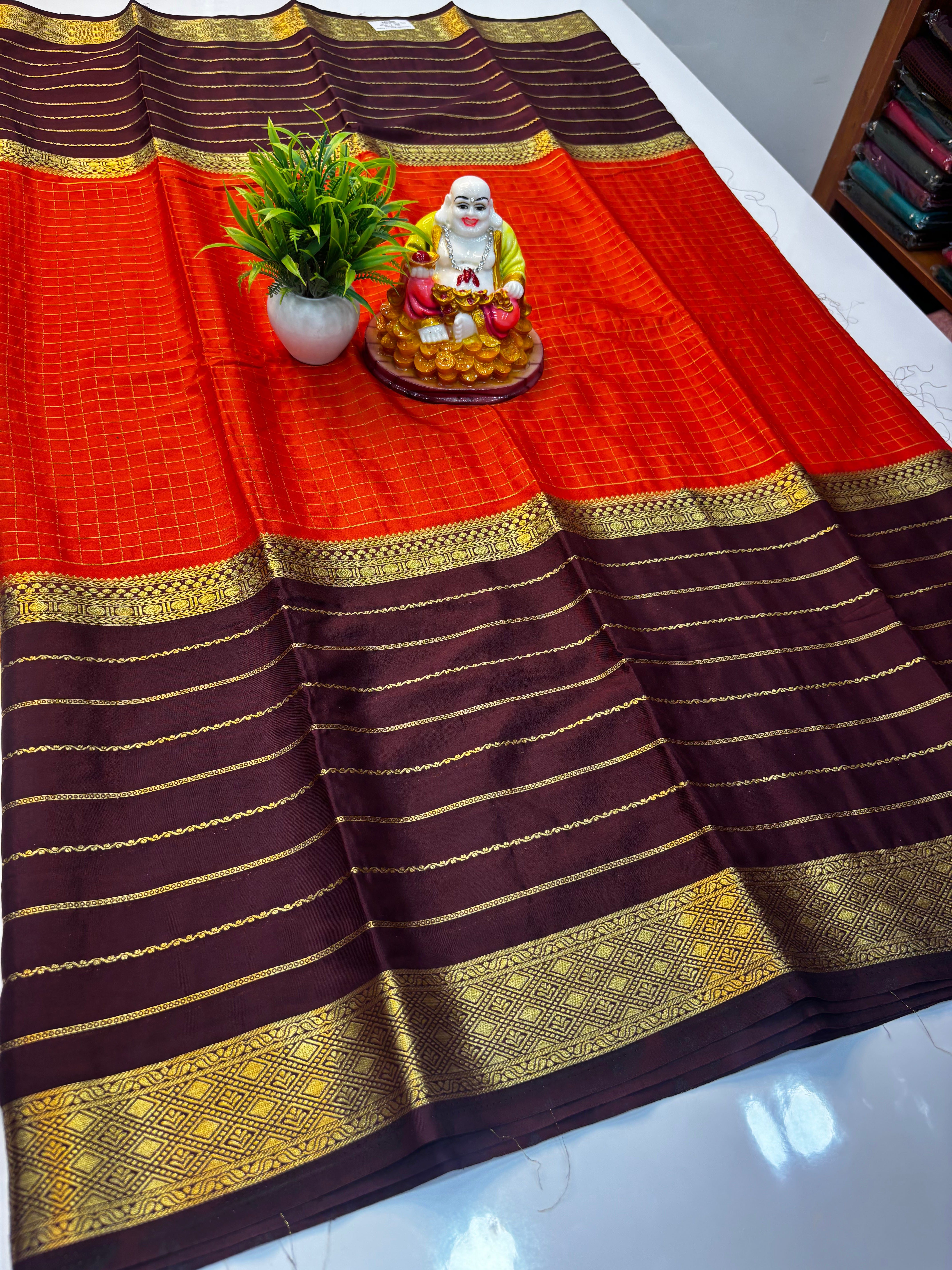 Premium Mysore Crepe Silk Saree with Stripes &amp; Checks Pattern