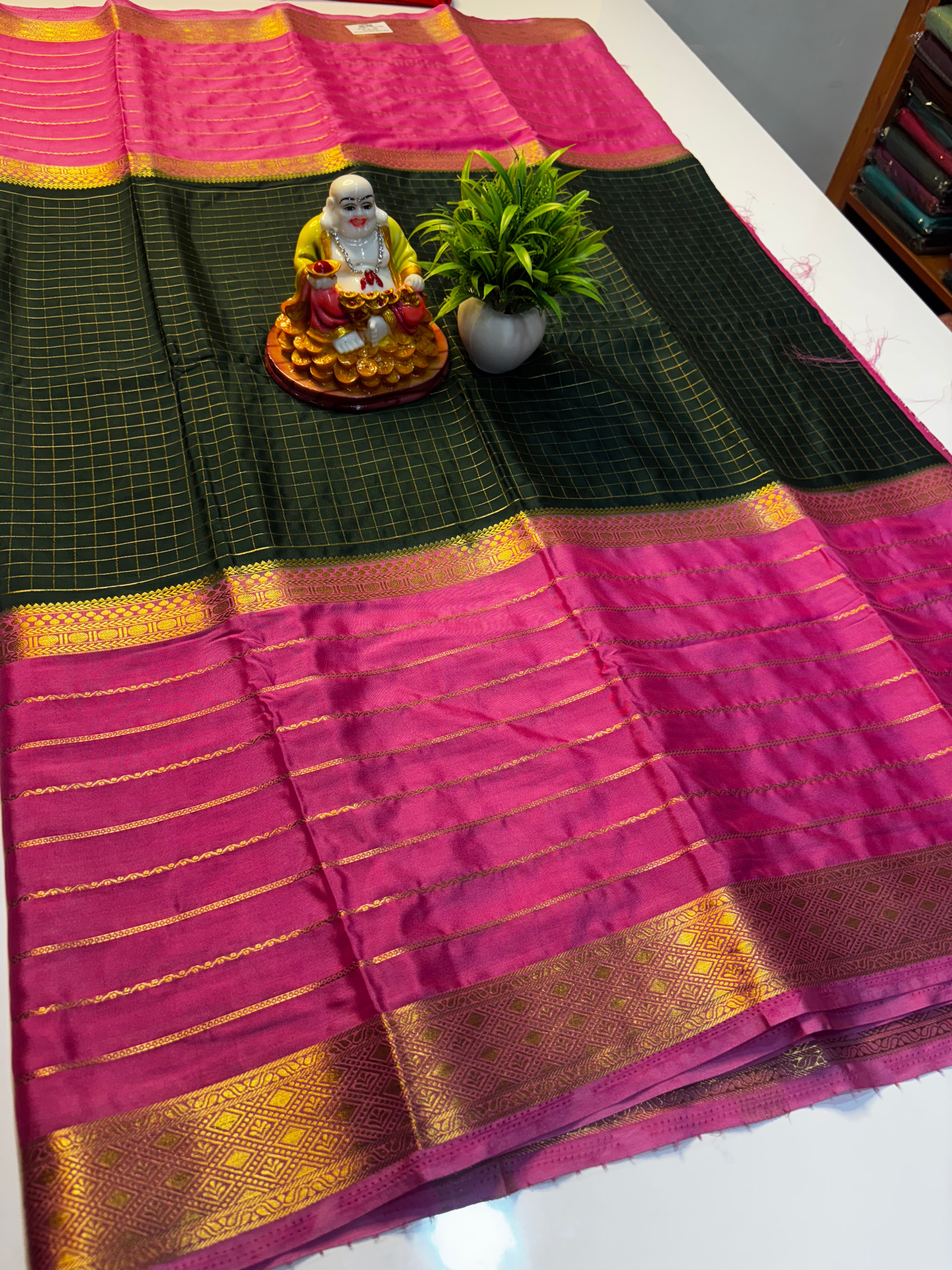 Premium Mysore Crepe Silk Saree with Stripes &amp; Checks Pattern