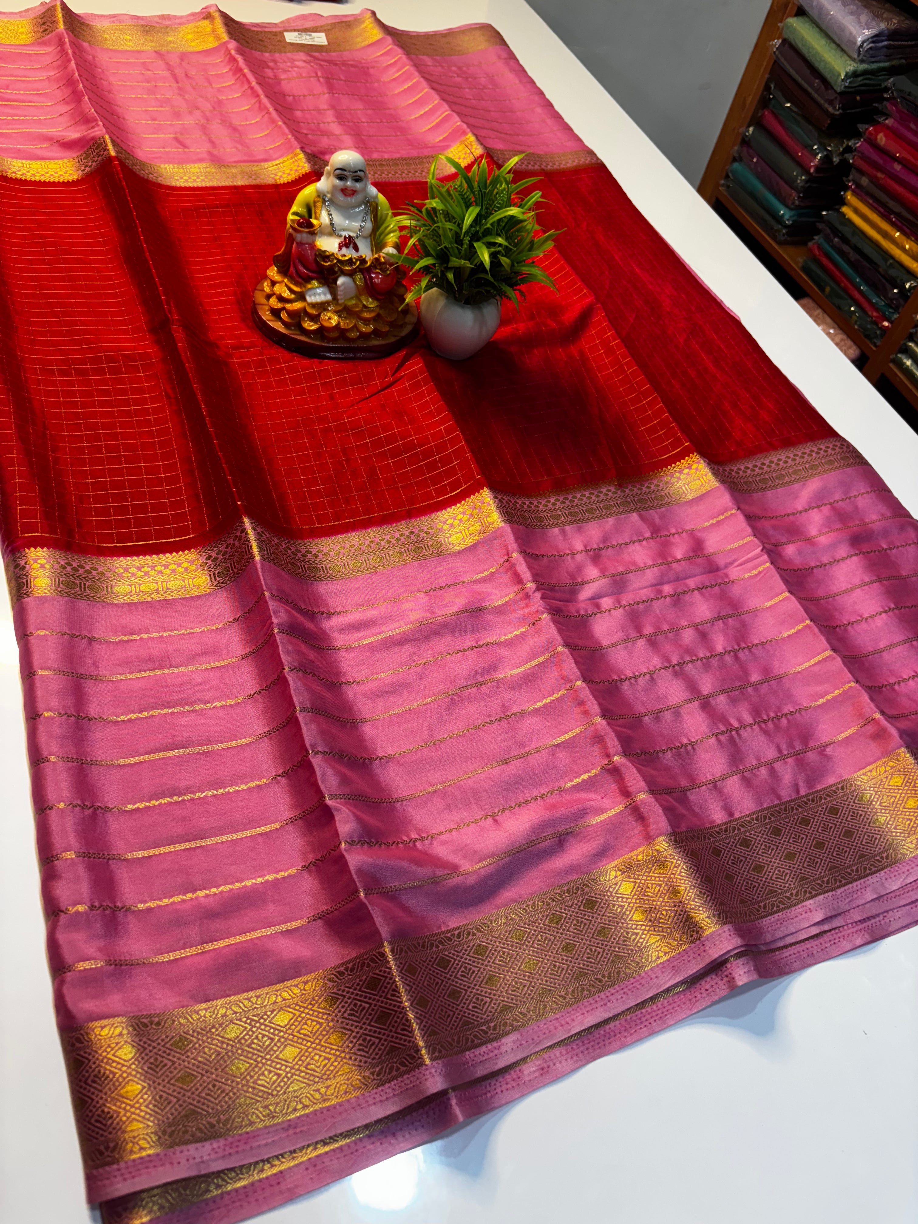 Premium Mysore Crepe Silk Saree with Stripes &amp; Checks Pattern