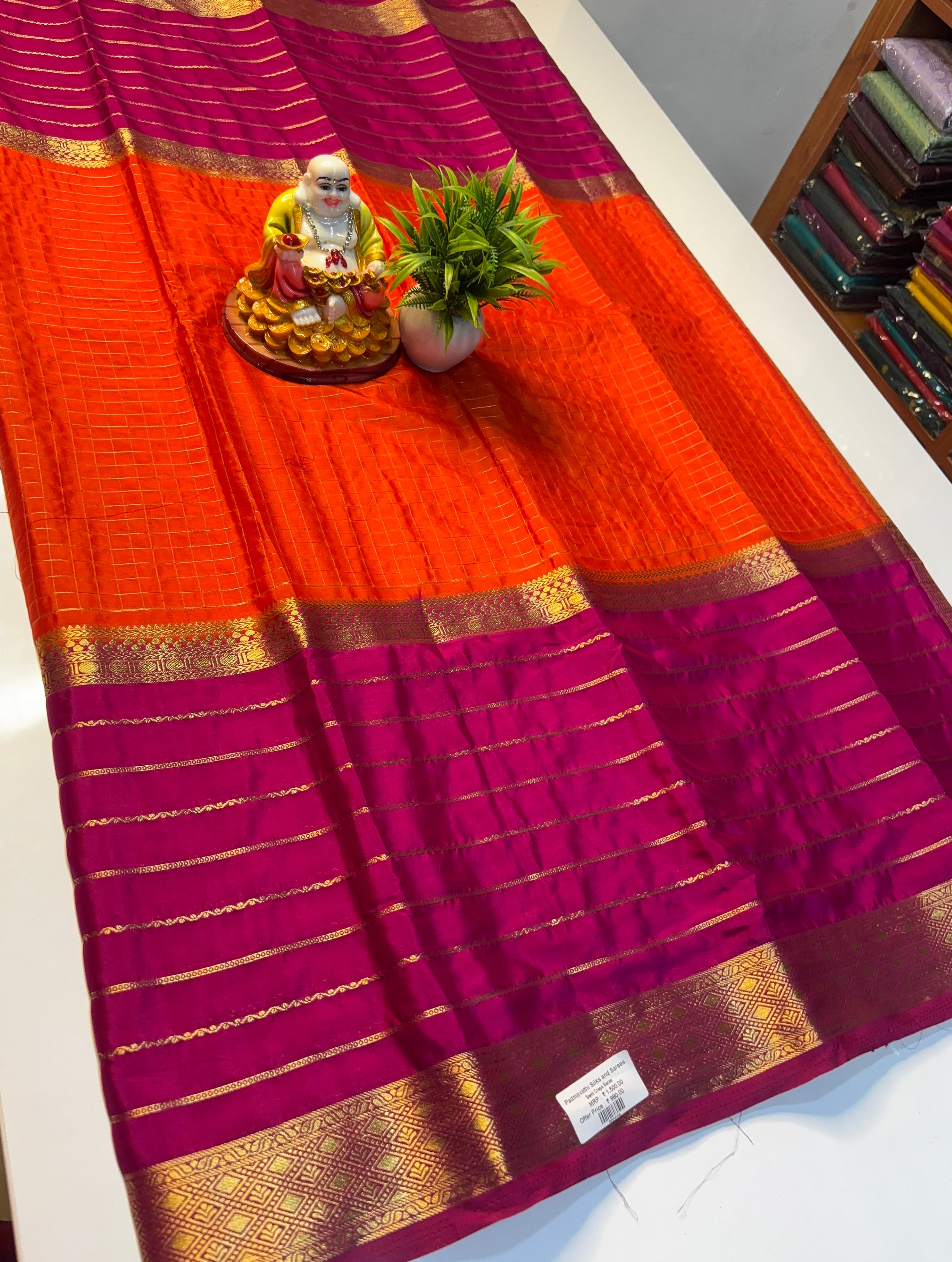 Premium Mysore Crepe Silk Saree with Stripes &amp; Checks Pattern