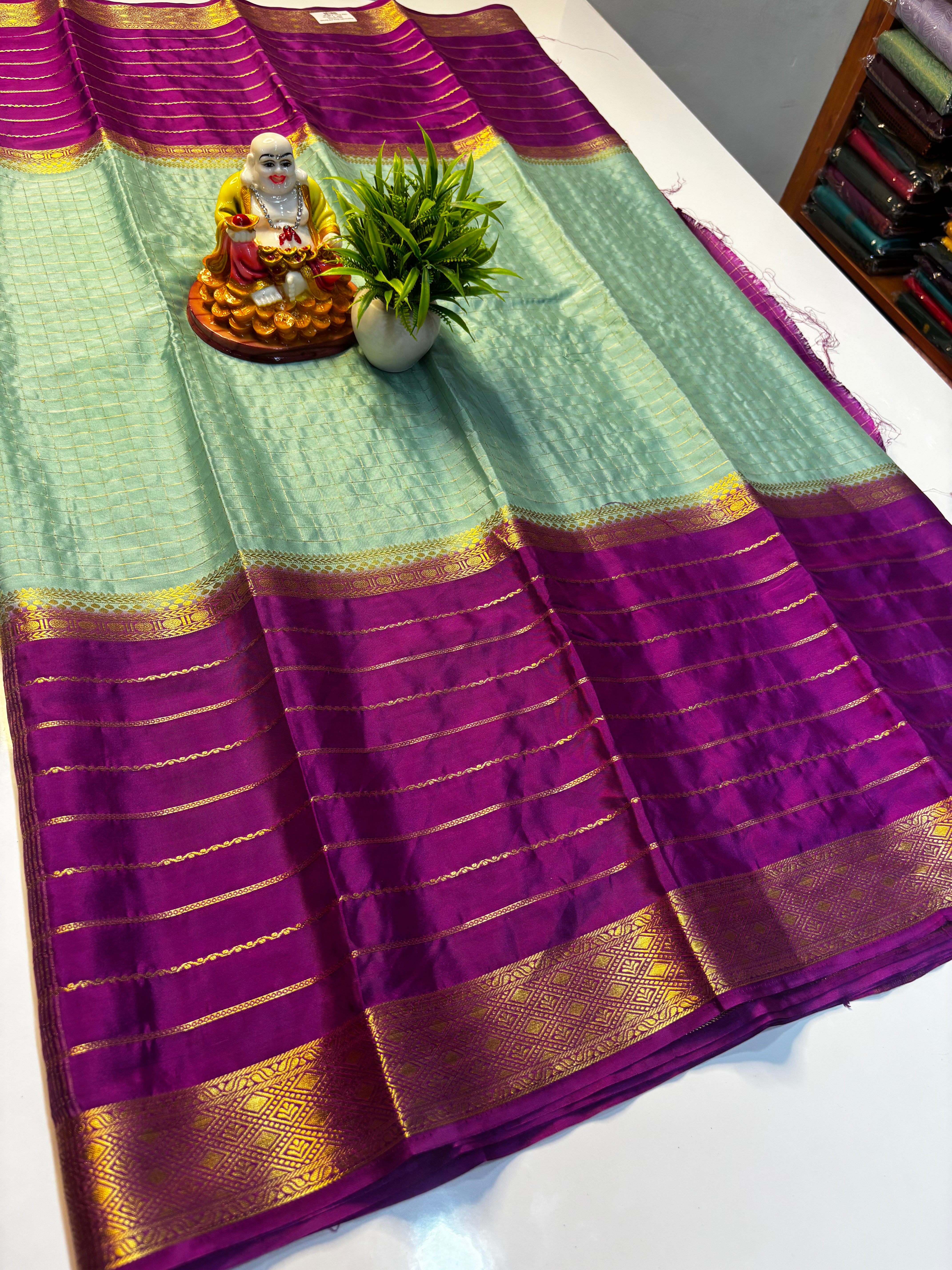 Premium Mysore Crepe Silk Saree with Stripes &amp; Checks Pattern