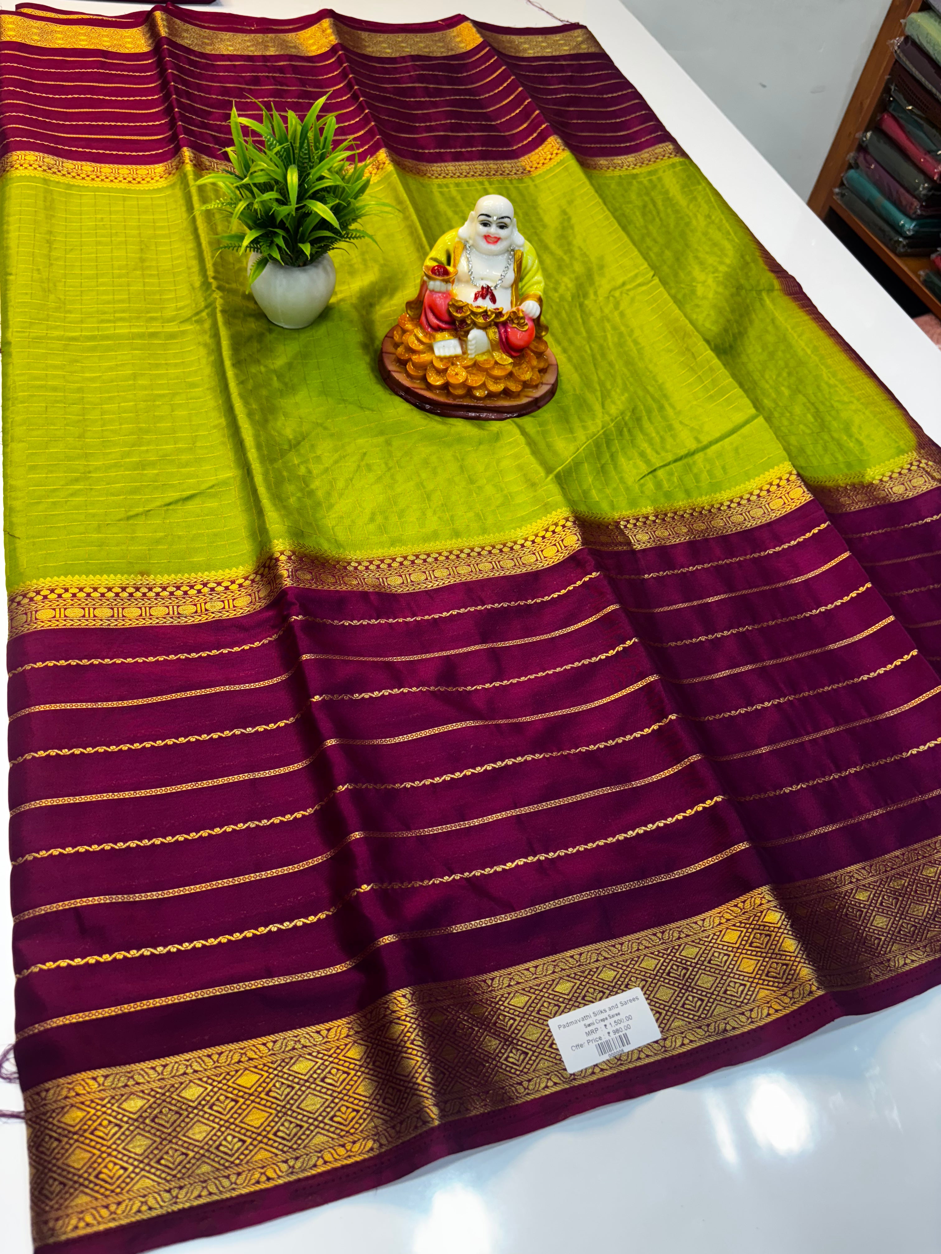 Premium Mysore Crepe Silk Saree with Stripes &amp; Checks Pattern