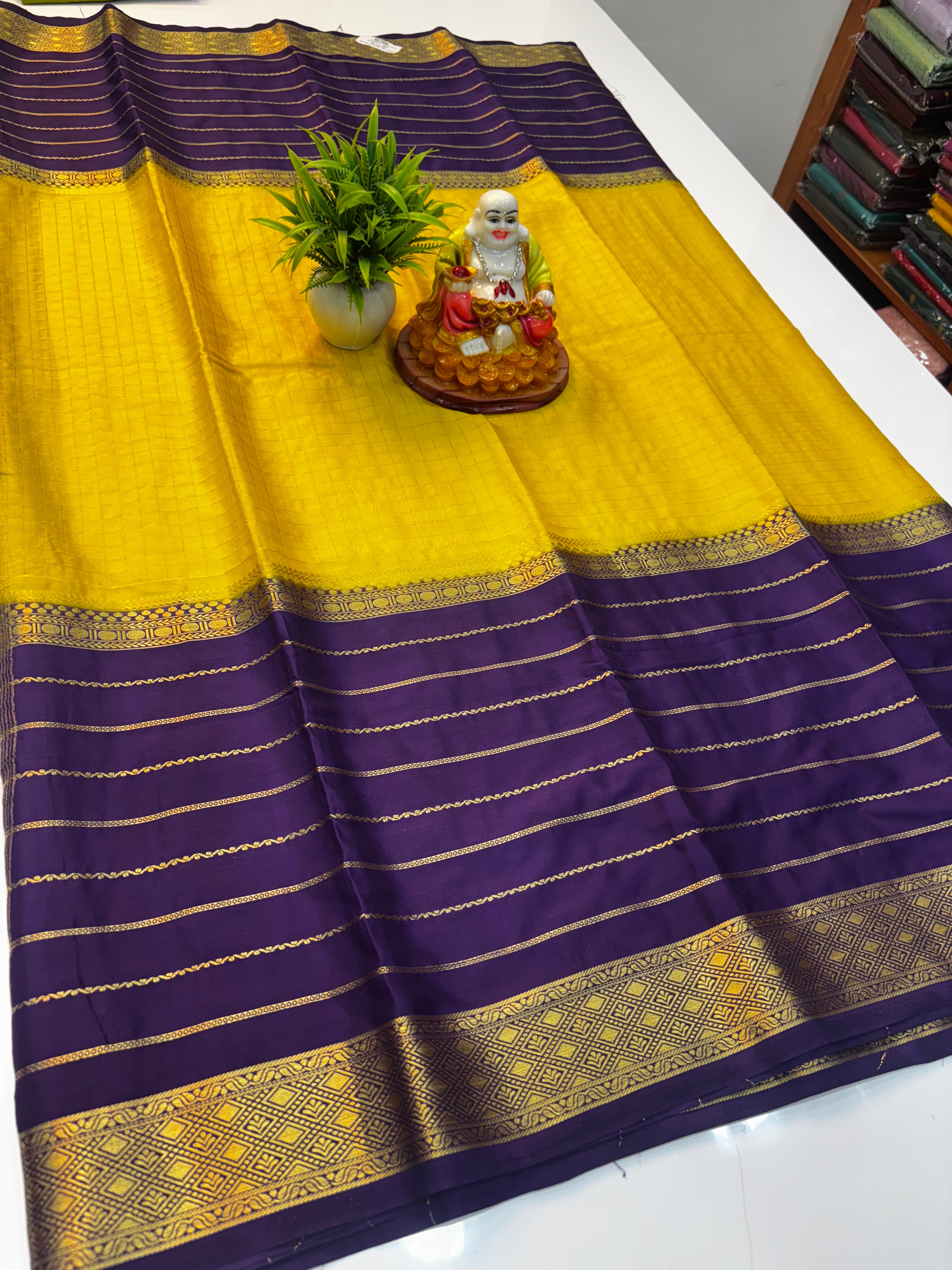 Premium Mysore Crepe Silk Saree with Stripes &amp; Checks Pattern