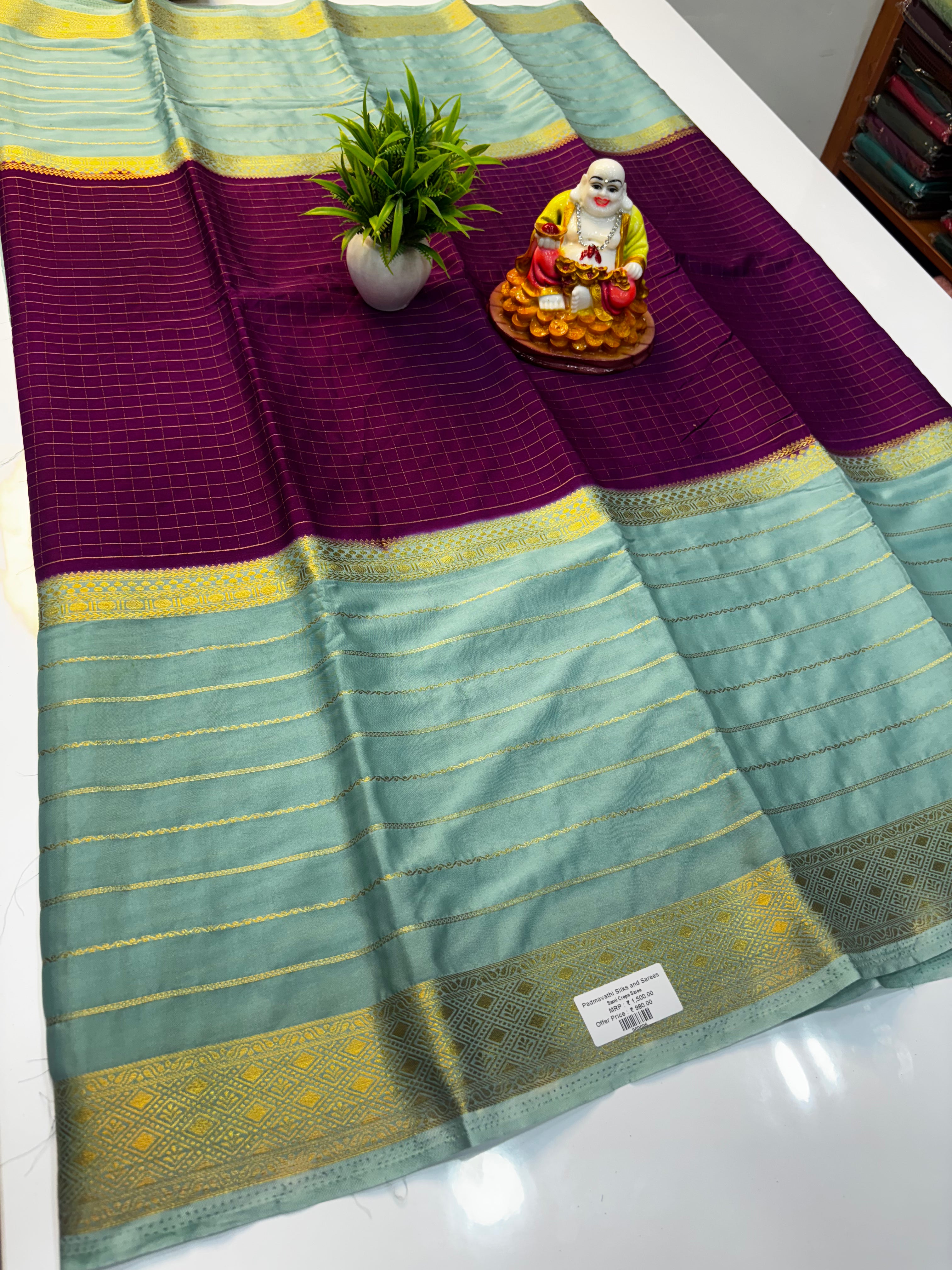 Premium Mysore Crepe Silk Saree with Stripes &amp; Checks Pattern