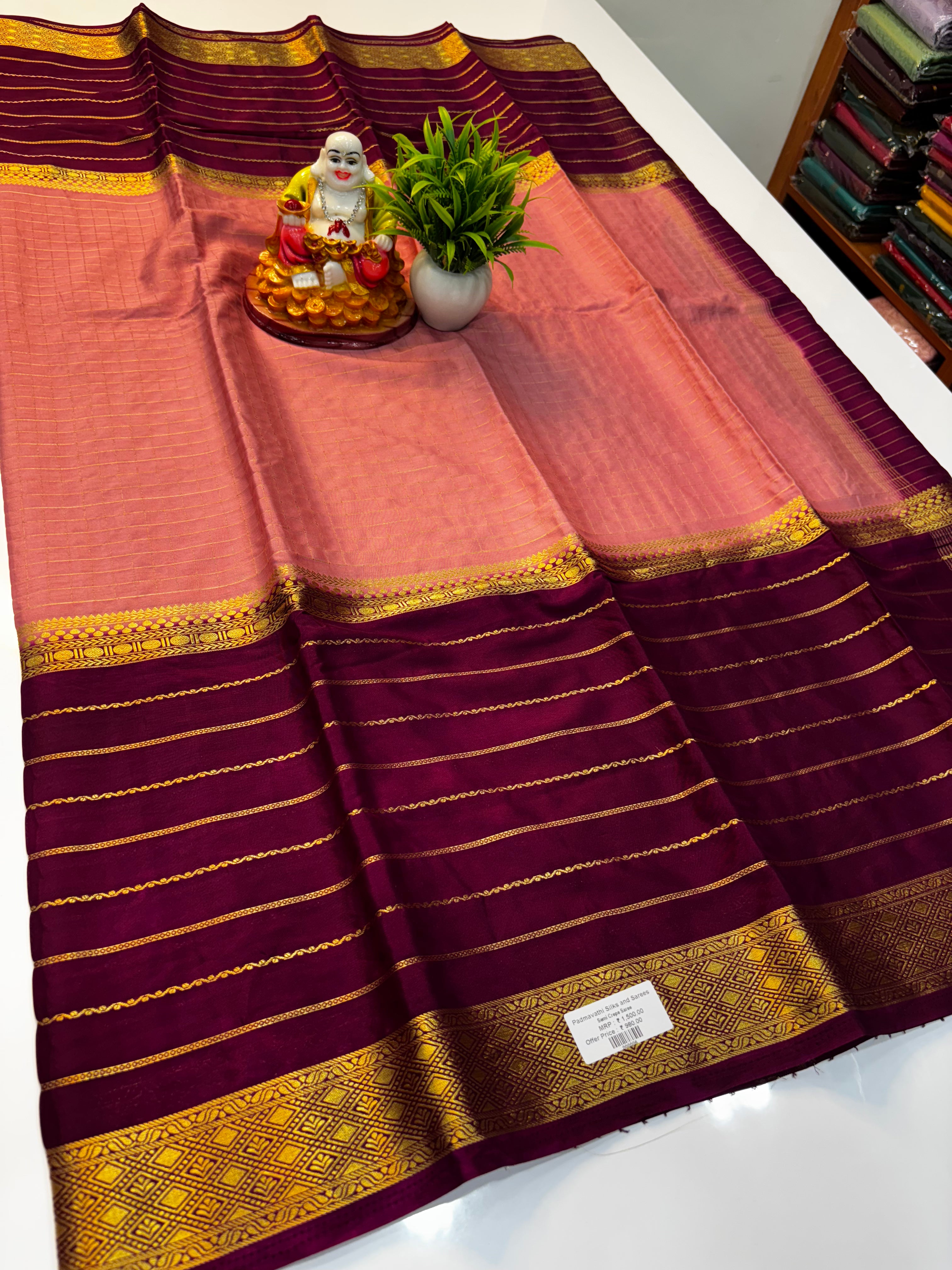 Premium Mysore Crepe Silk Saree with Stripes &amp; Checks Pattern