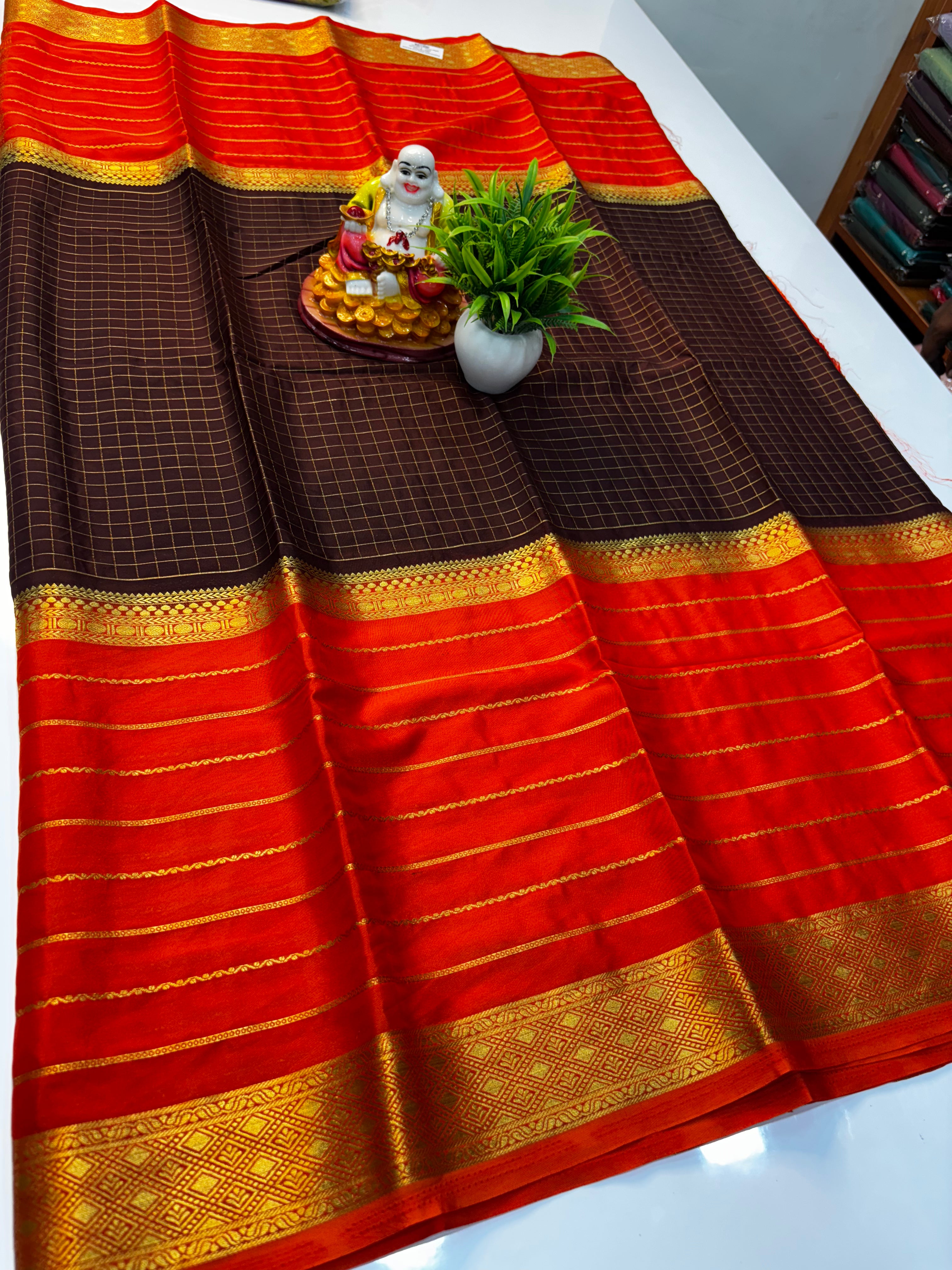 Premium Mysore Crepe Silk Saree with Stripes &amp; Checks Pattern