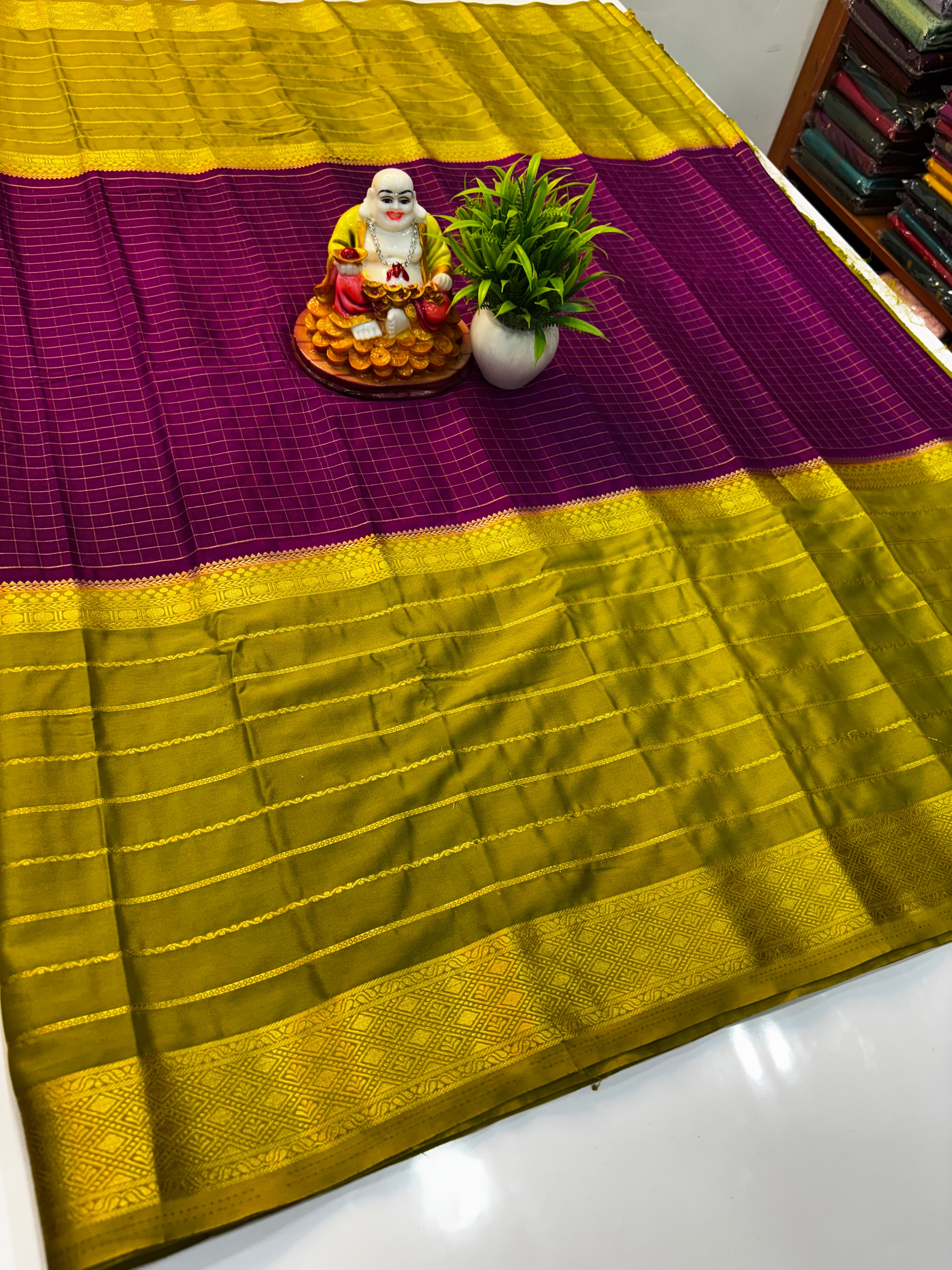 Premium Mysore Crepe Silk Saree with Stripes &amp; Checks Pattern