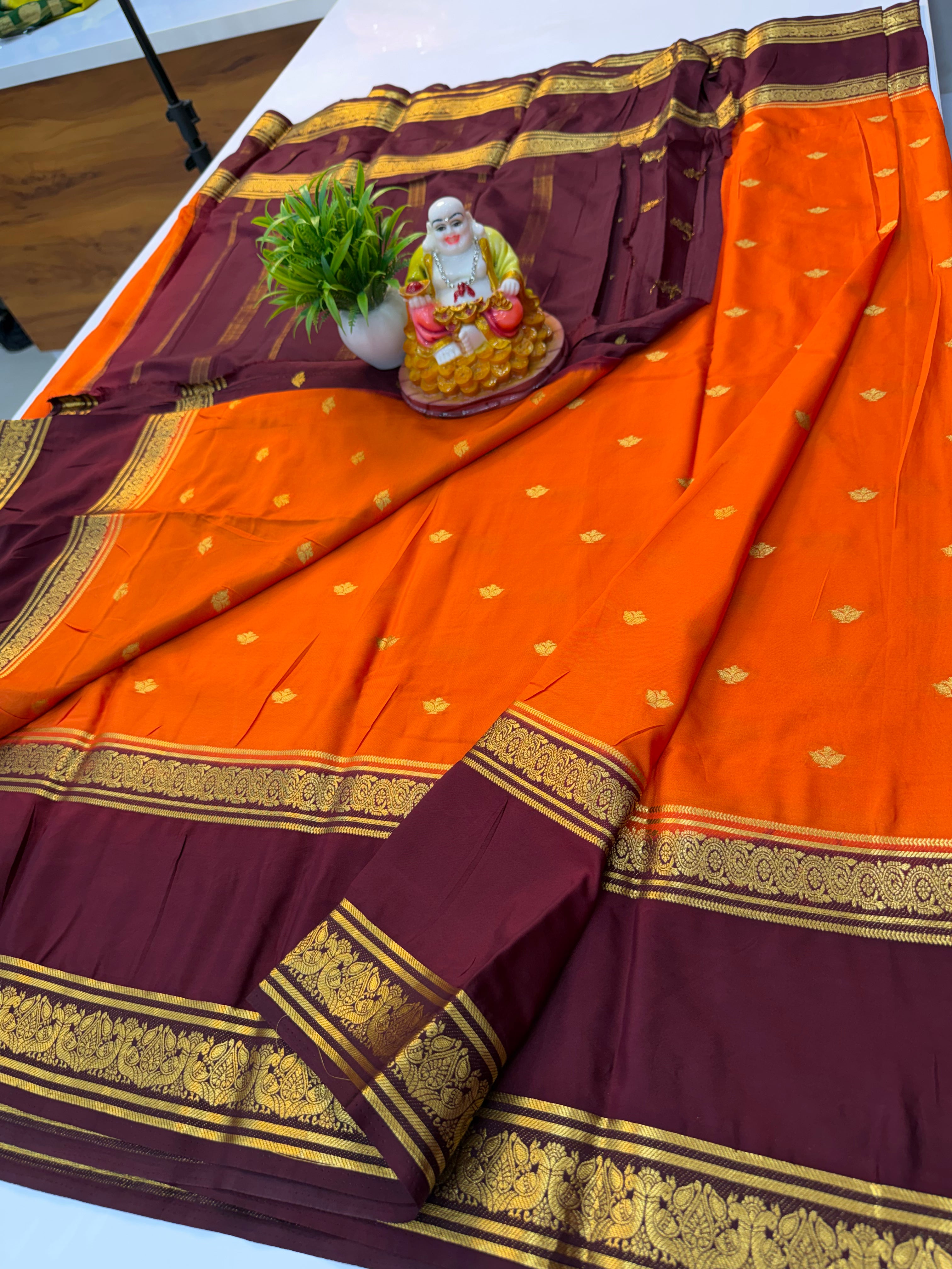 Premium Mysore Crepe Silk Saree with Buttas & Peacock Bentex Border