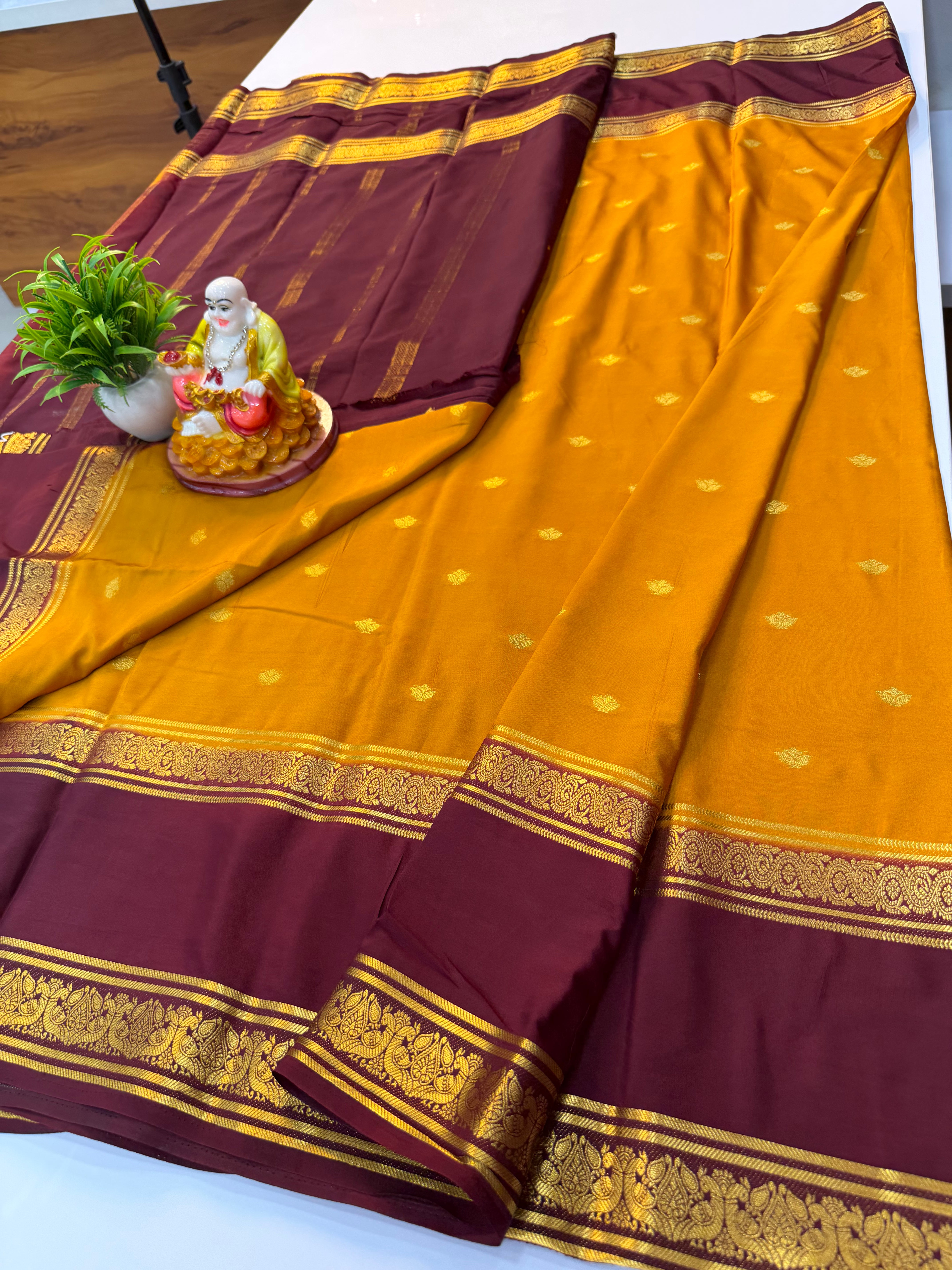 Premium Mysore Crepe Silk Saree with Buttas & Peacock Bentex Border