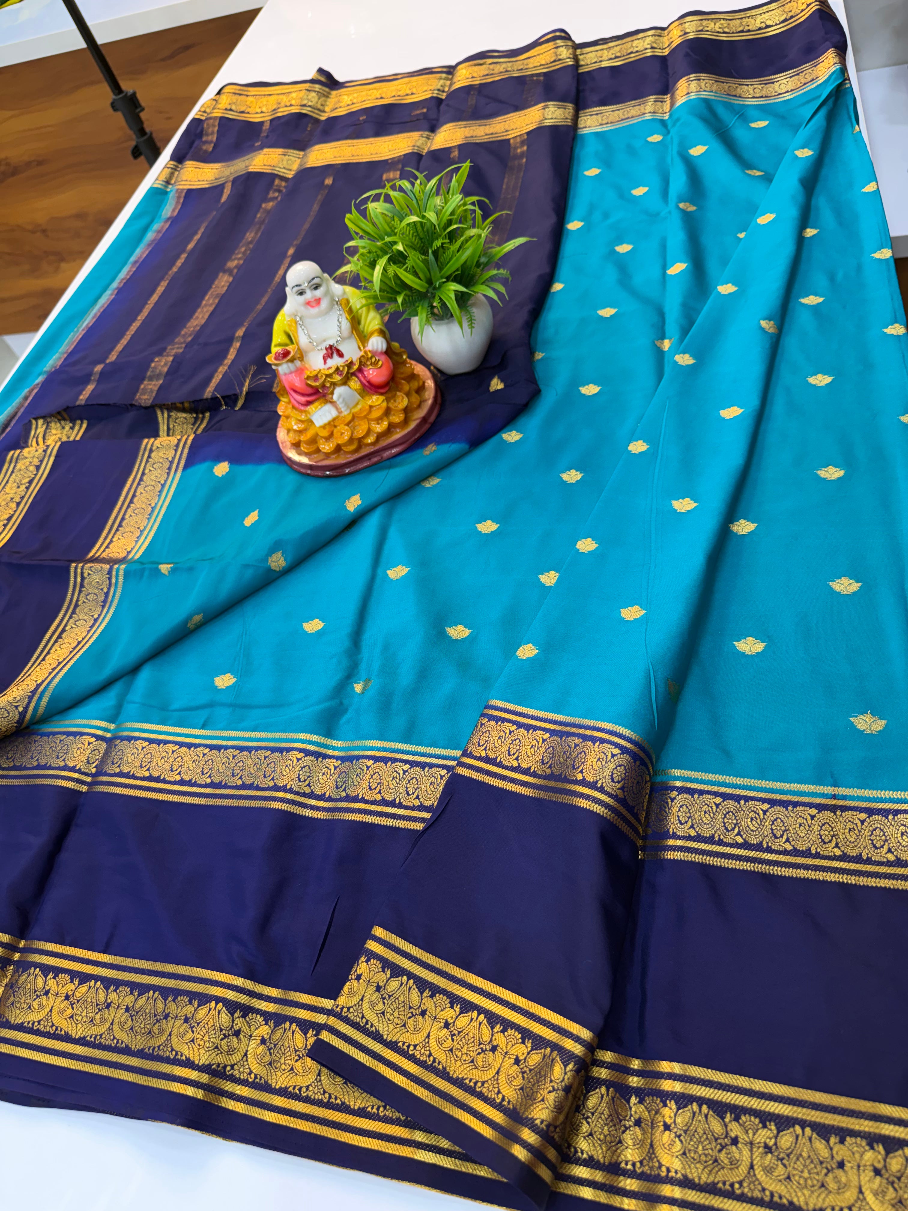 Premium Mysore Crepe Silk Saree with Buttas & Peacock Bentex Border