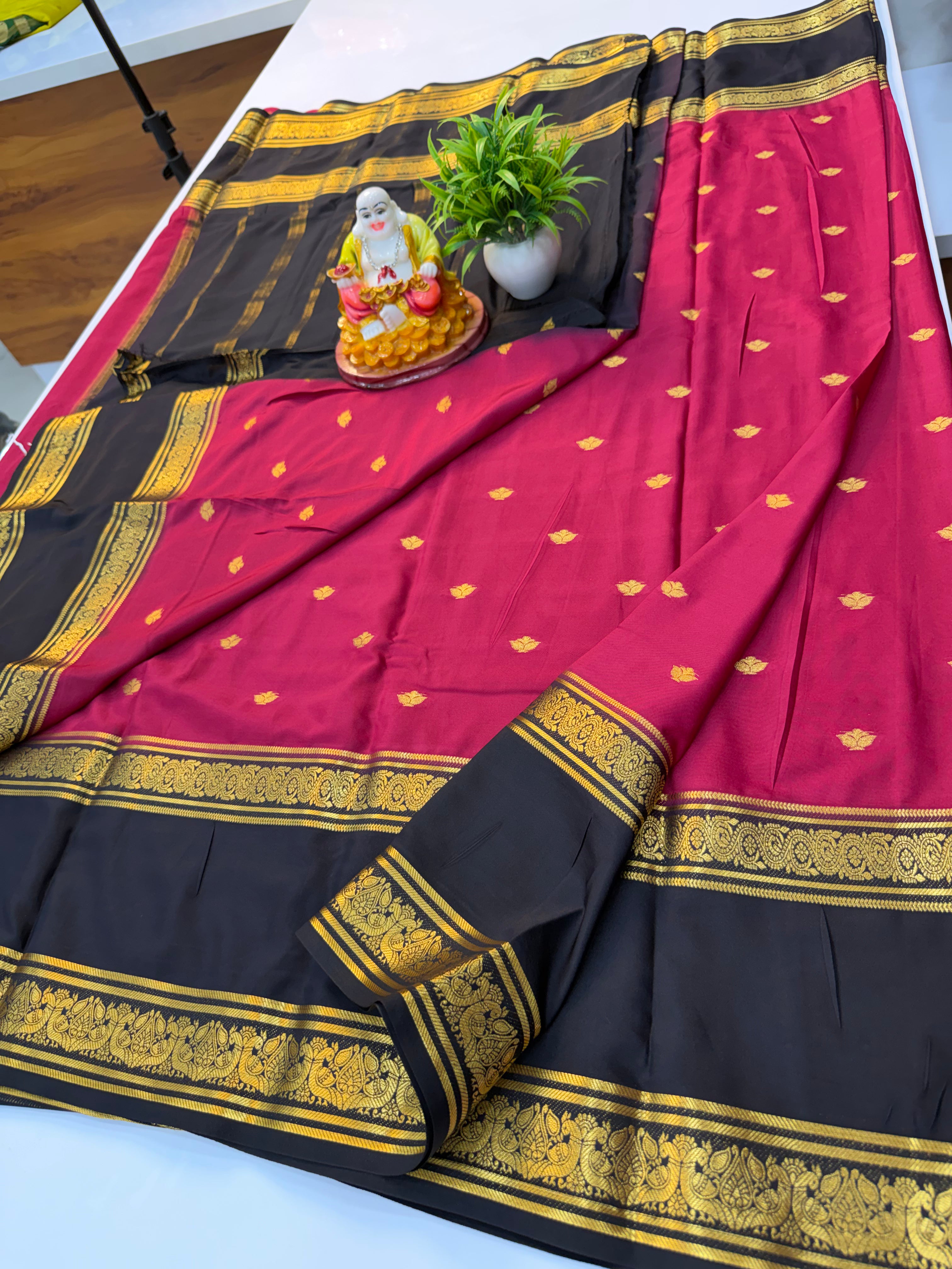 Premium Mysore Crepe Silk Saree with Buttas & Peacock Bentex Border