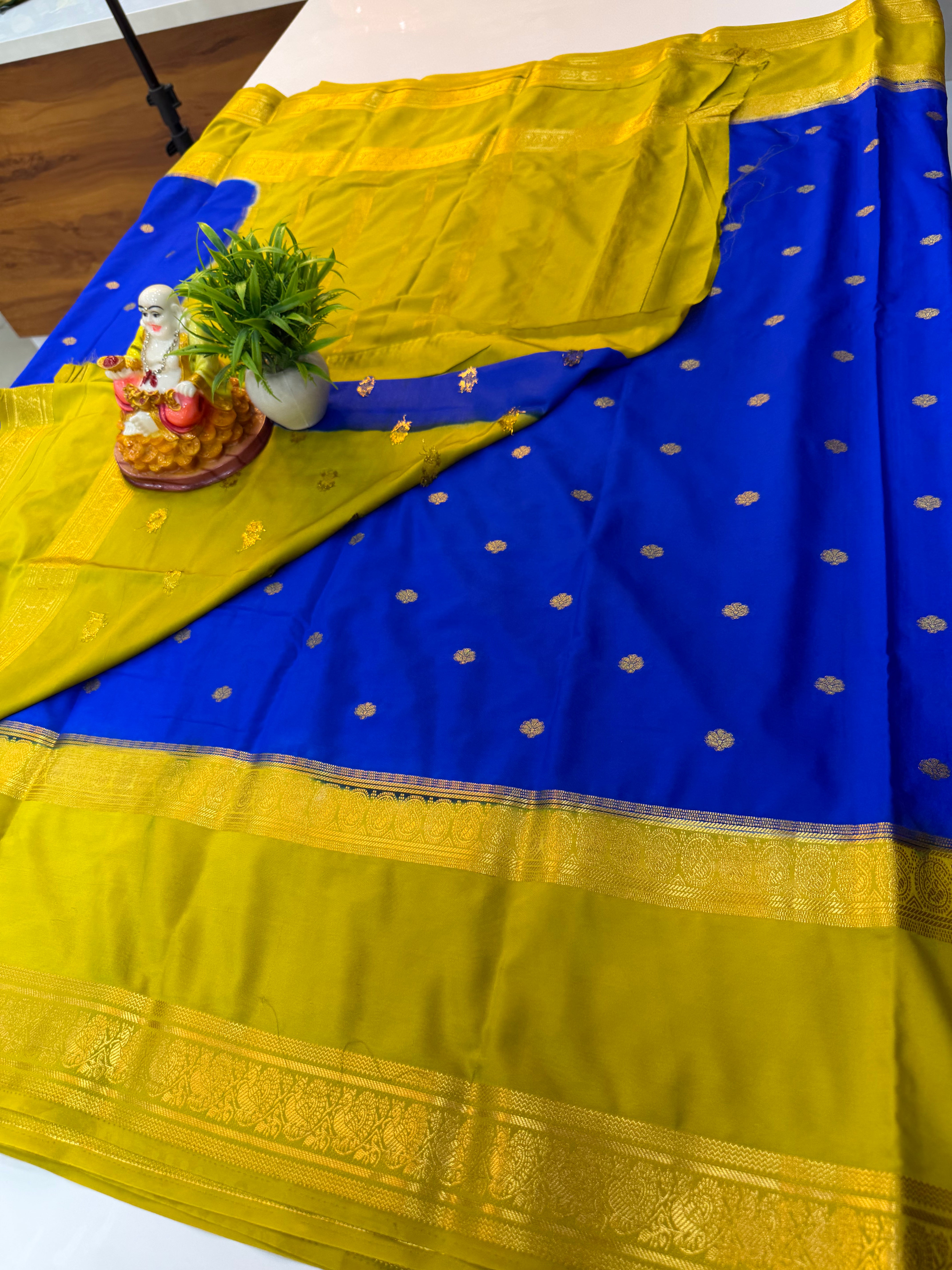 Premium Mysore Crepe Silk Saree with Buttas & Peacock Bentex Border