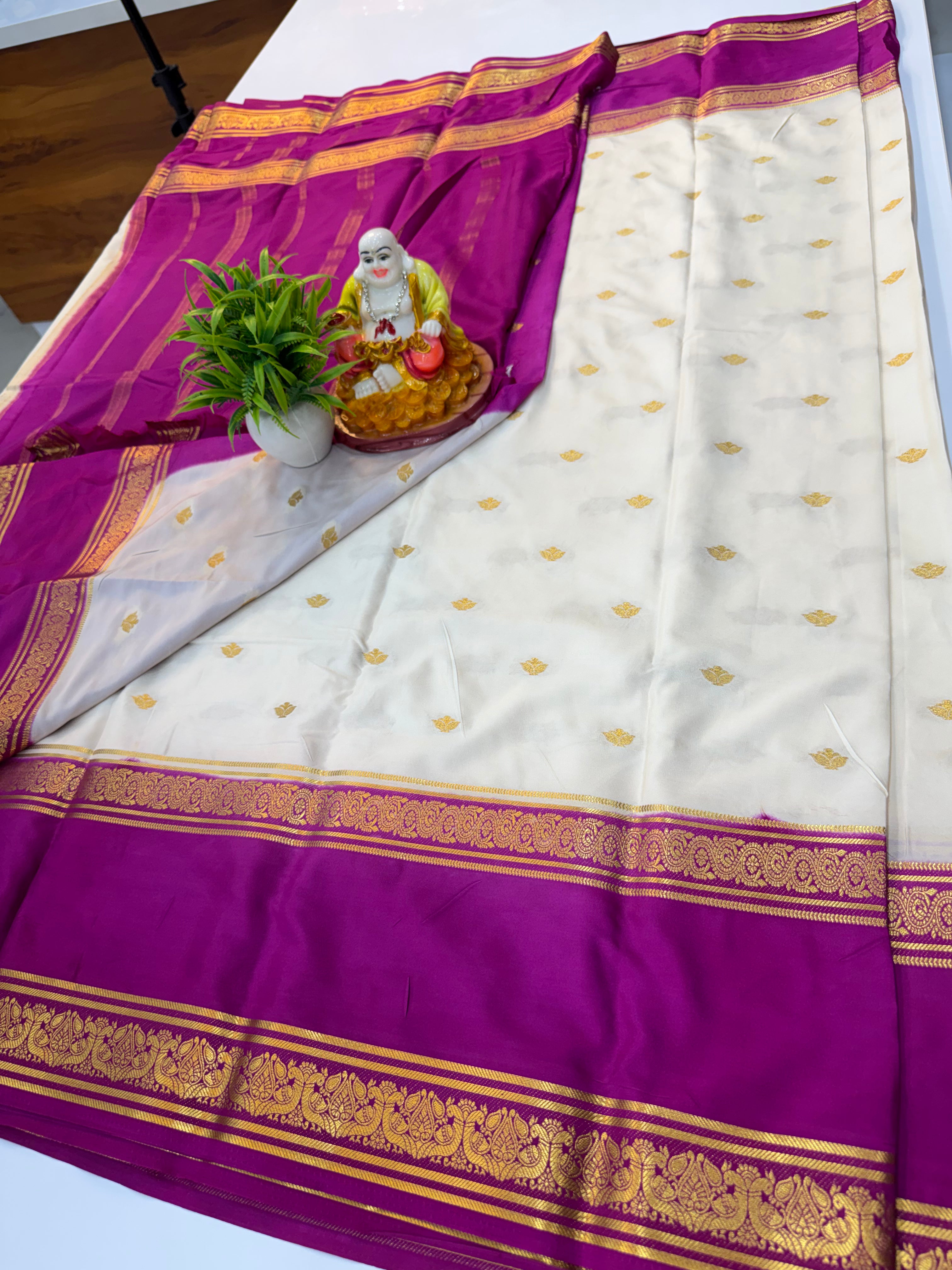 Premium Mysore Crepe Silk Saree with Buttas & Peacock Bentex Border