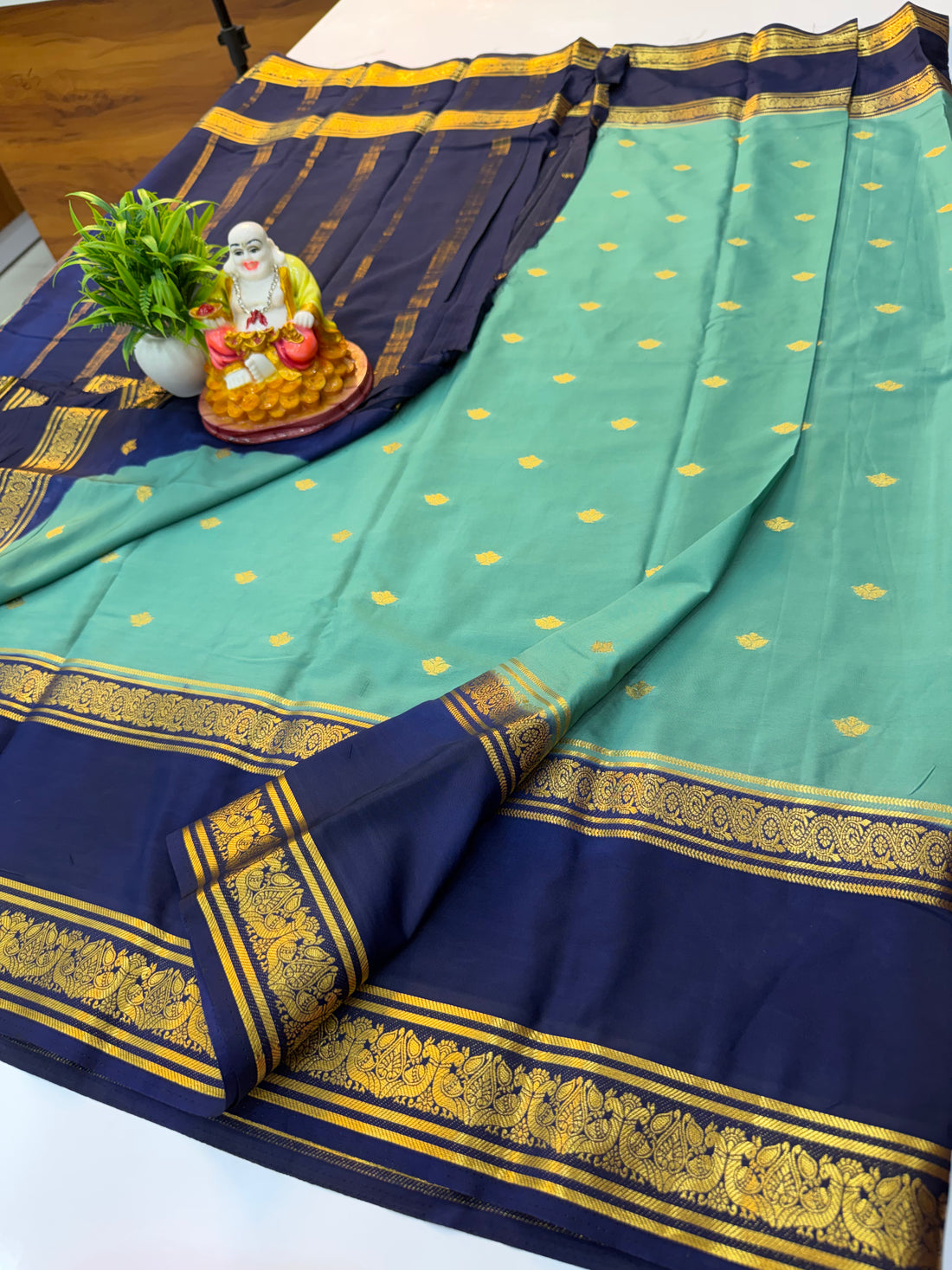 Premium Mysore Crepe Silk Saree with Buttas & Peacock Bentex Border