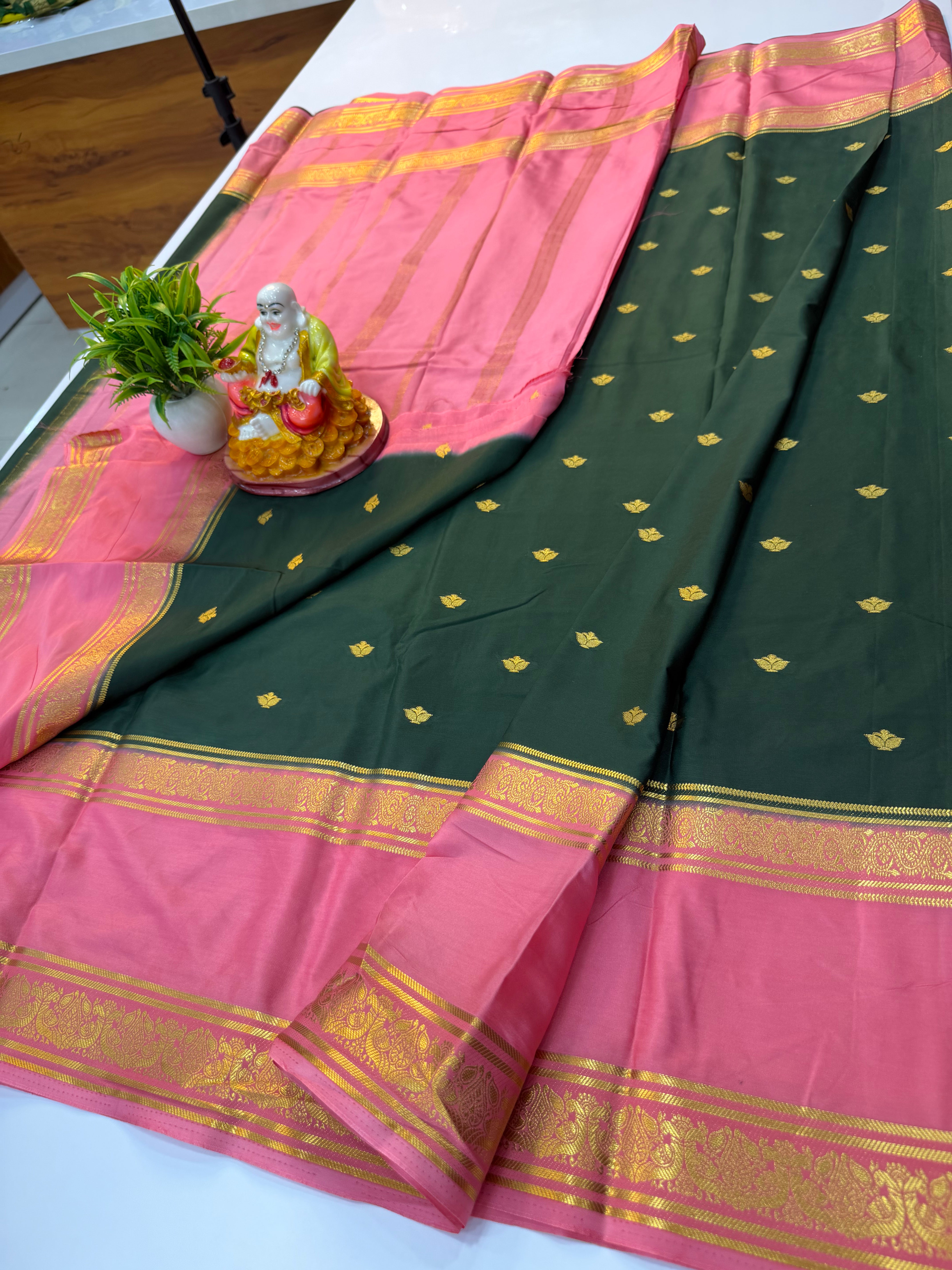 Premium Mysore Crepe Silk Saree with Buttas & Peacock Bentex Border