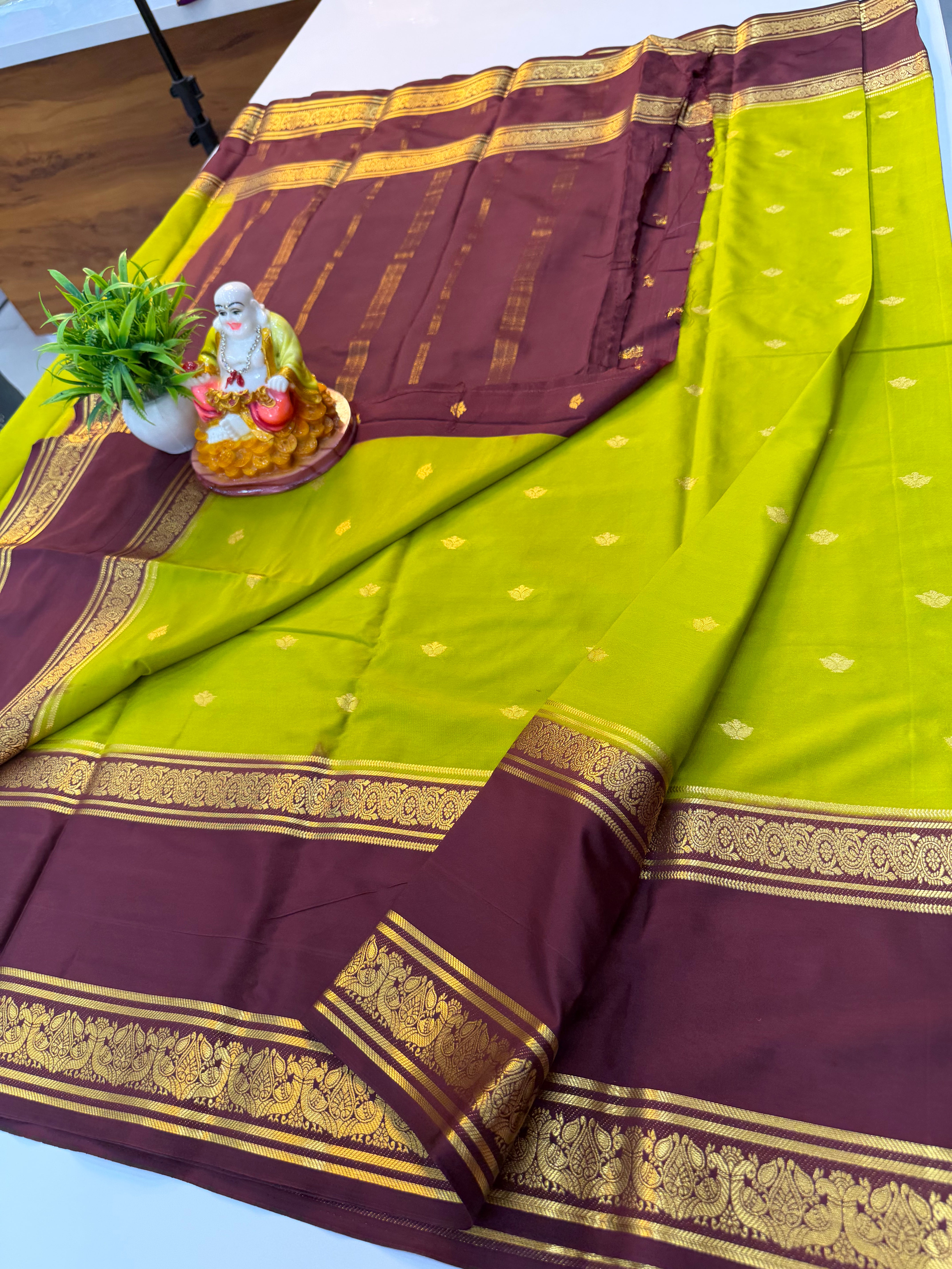 Premium Mysore Crepe Silk Saree with Buttas & Peacock Bentex Border