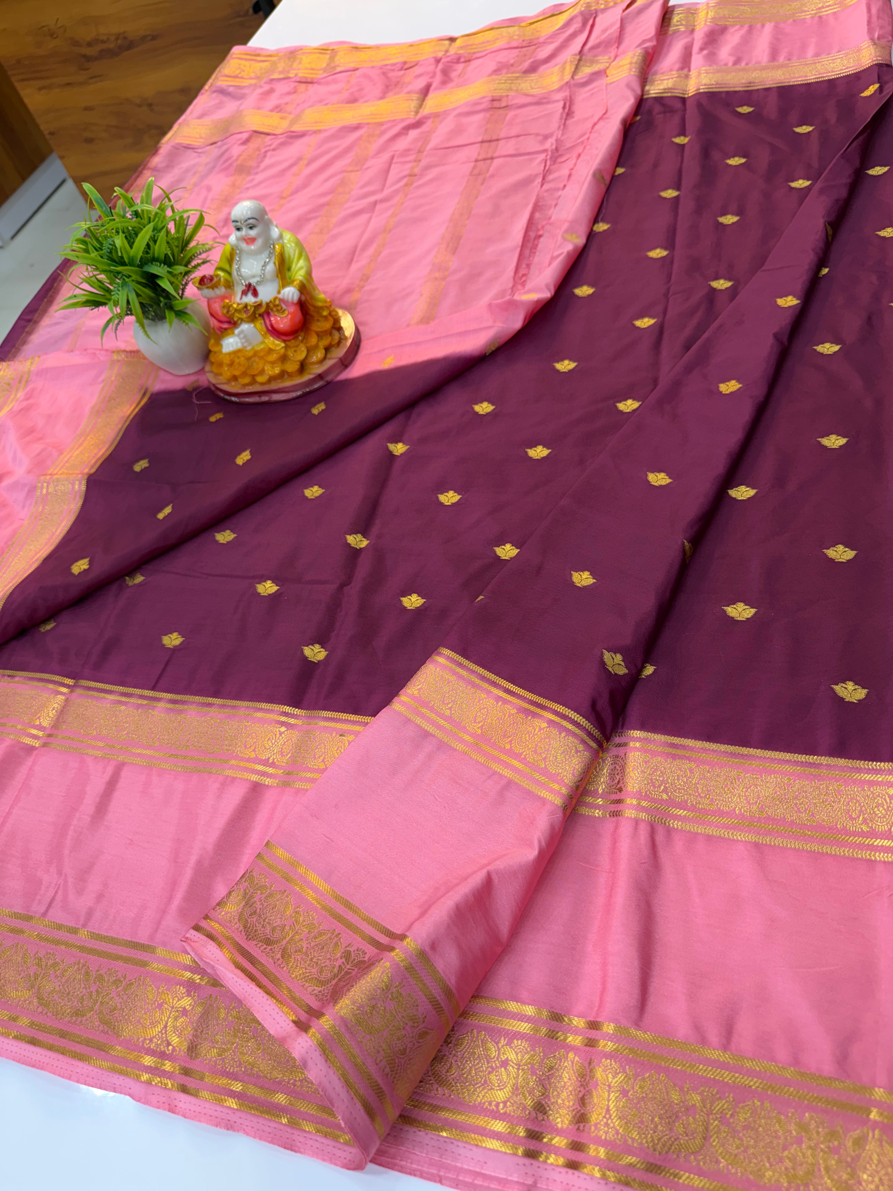 Premium Mysore Crepe Silk Saree with Buttas & Peacock Bentex Border