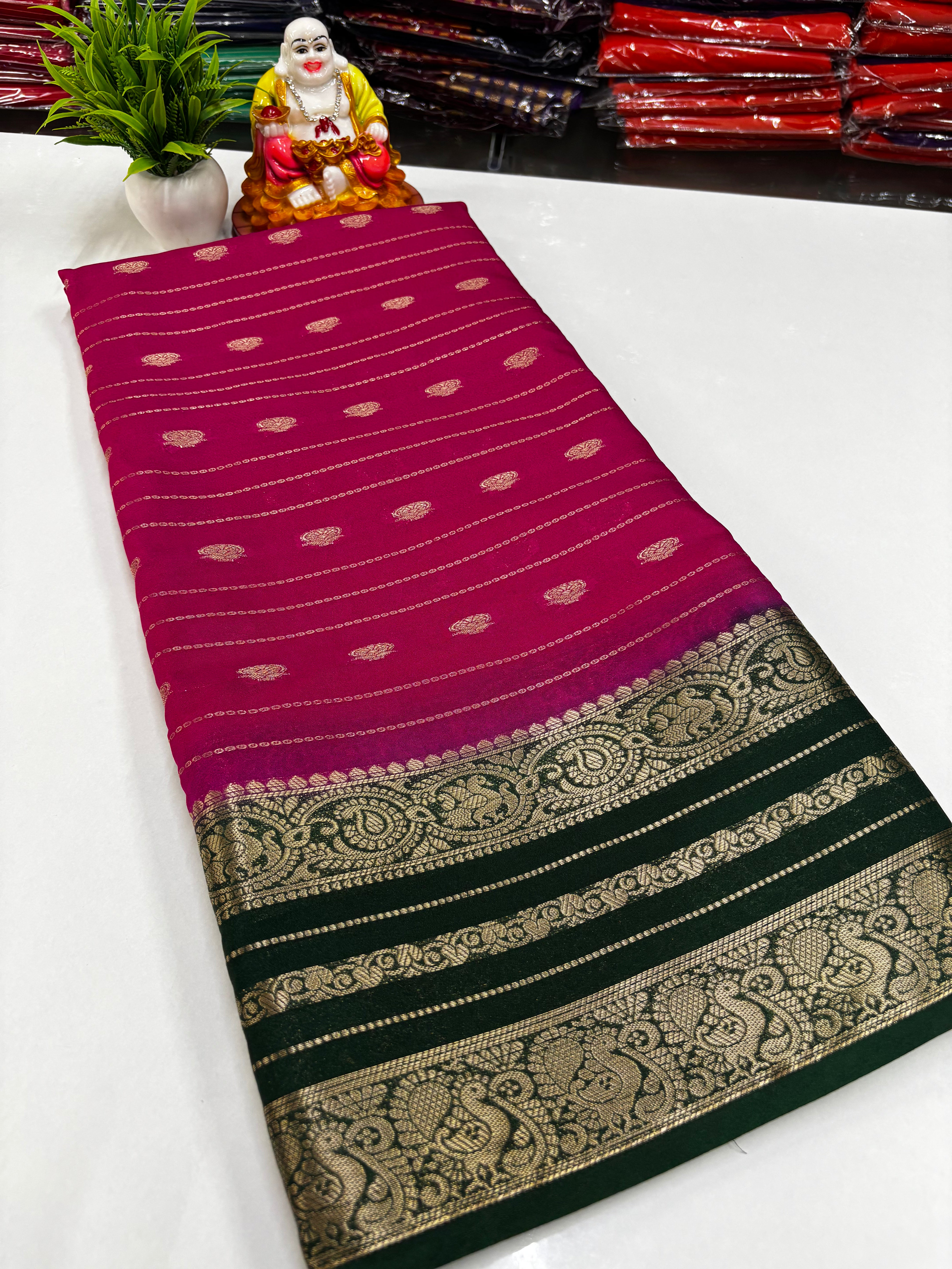 Mysore Crepe Silk Saree with Peacock Border
