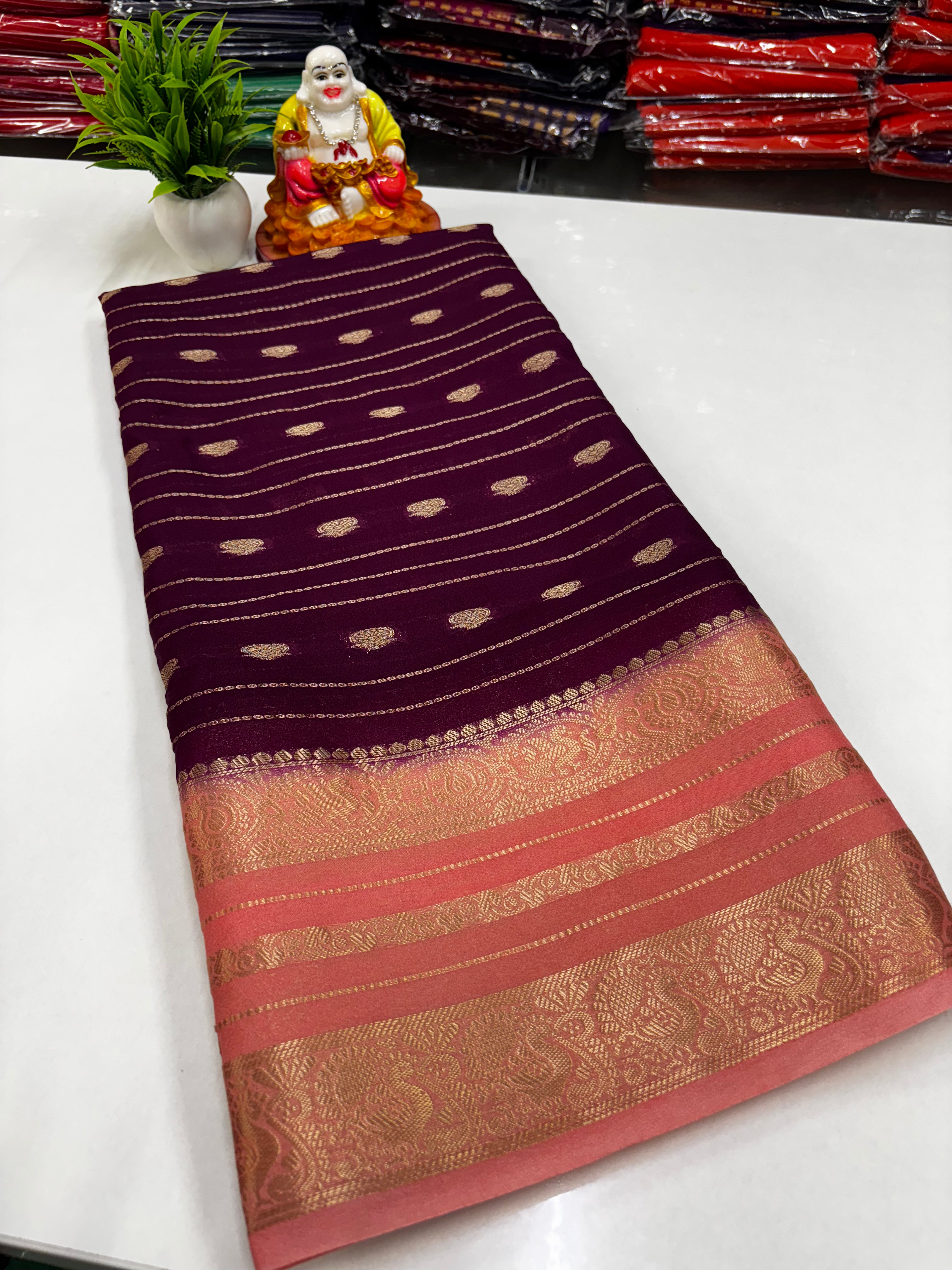 Mysore Crepe Silk Saree with Peacock Border