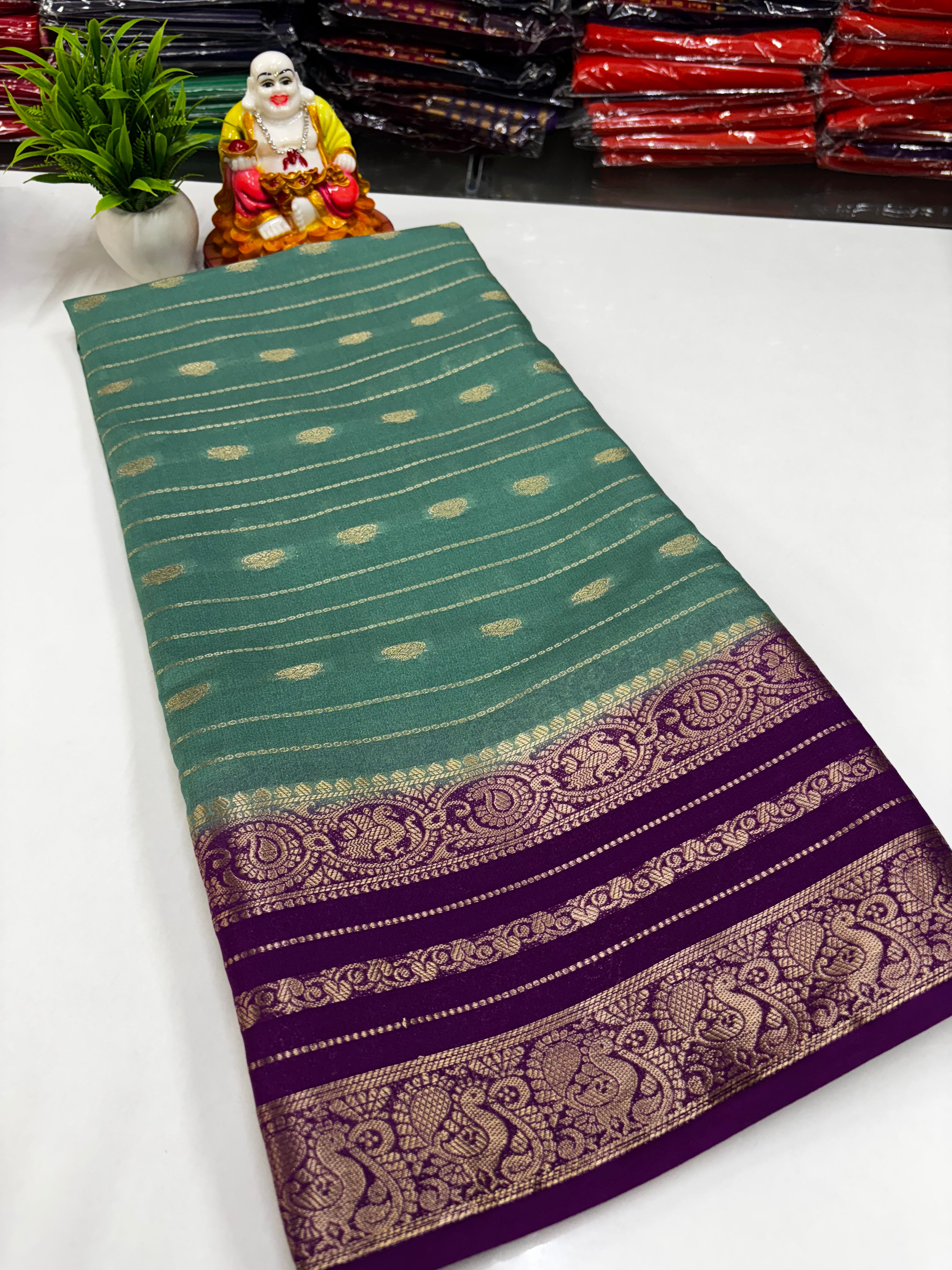 Mysore Crepe Silk Saree with Peacock Border
