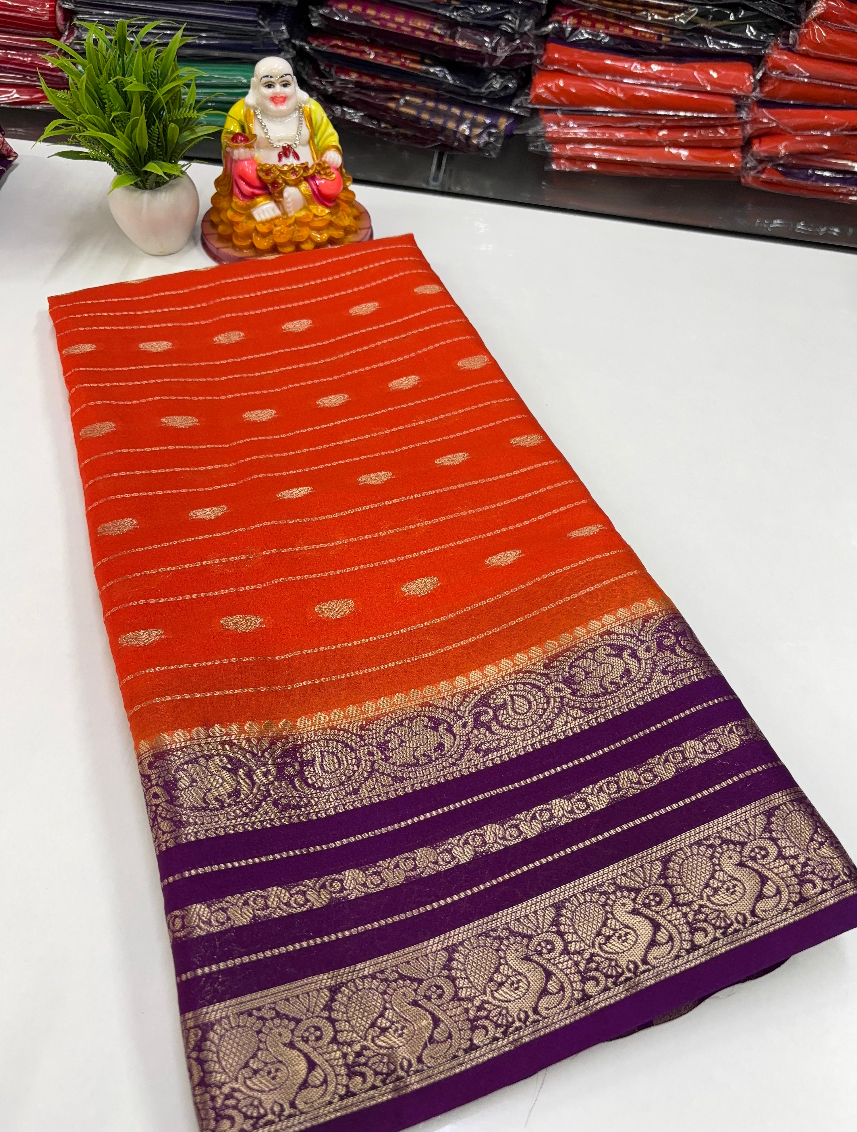 Mysore Crepe Silk Saree with Peacock Border