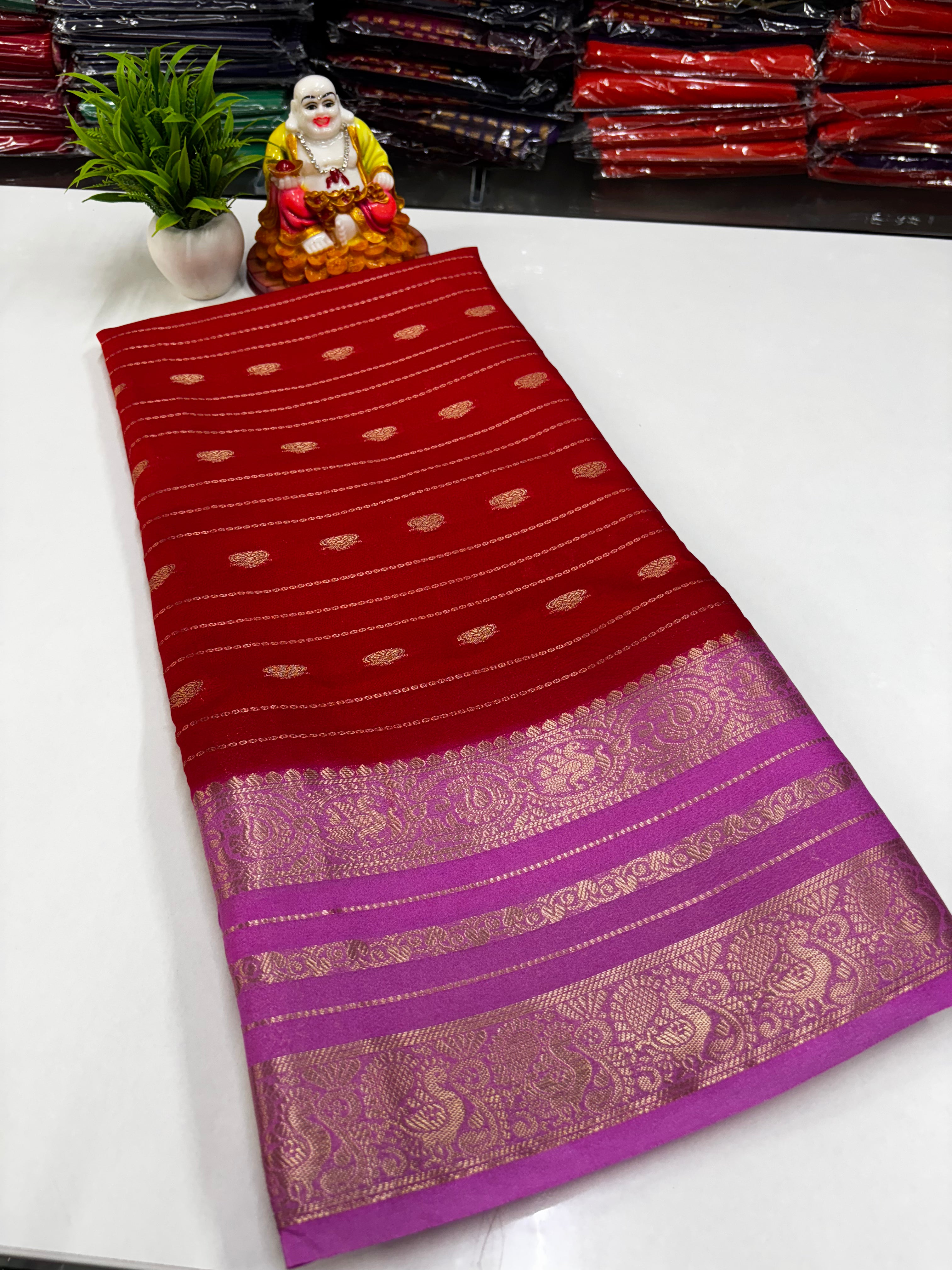 Mysore Crepe Silk Saree with Peacock Border