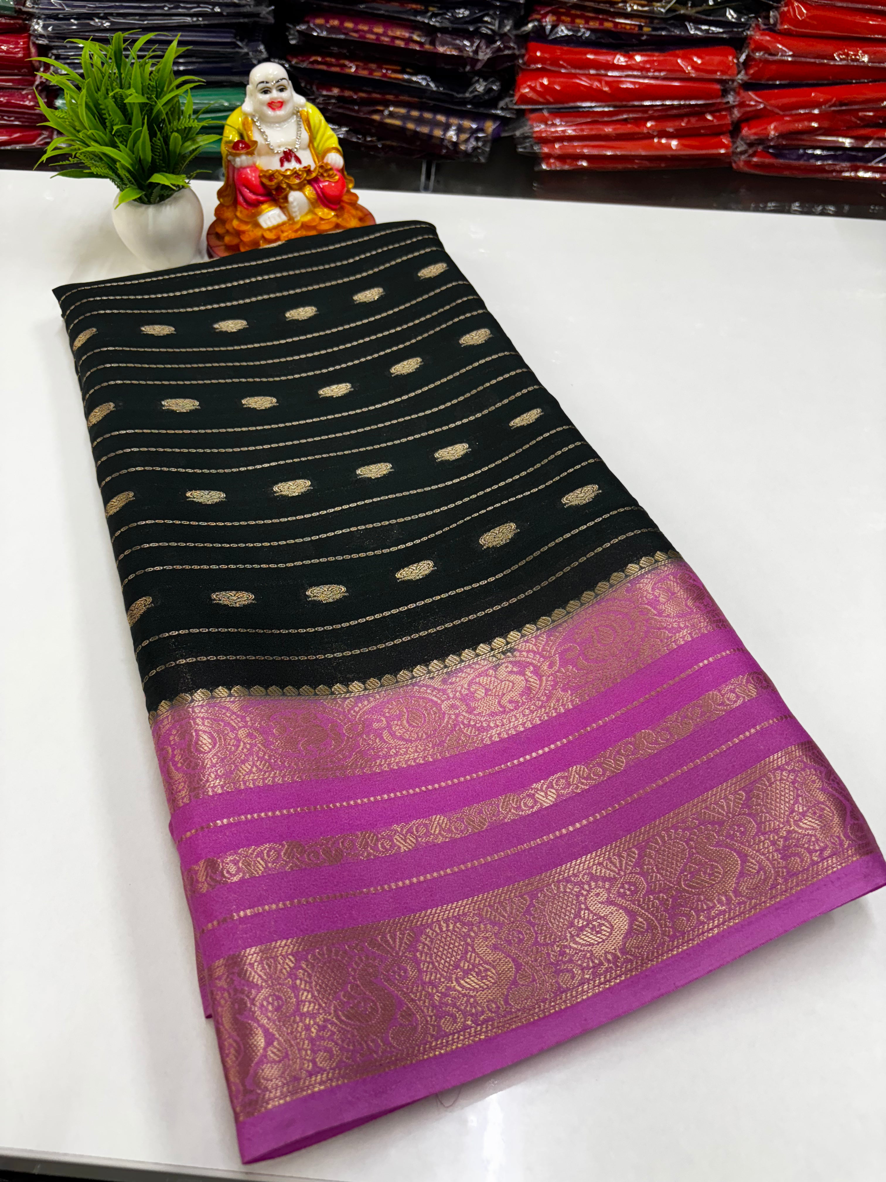 Mysore Crepe Silk Saree with Peacock Border