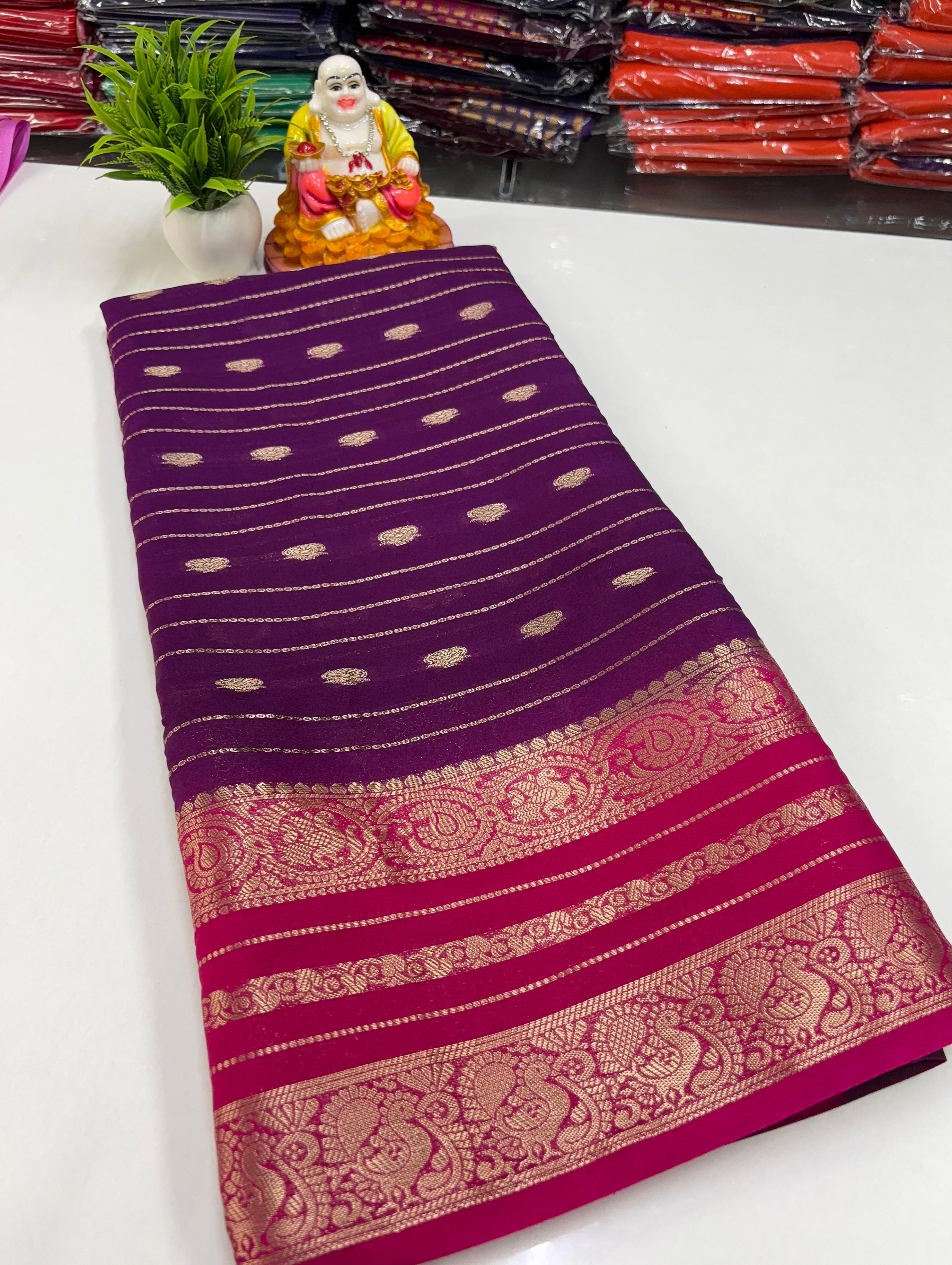 Mysore Crepe Silk Saree with Peacock Border